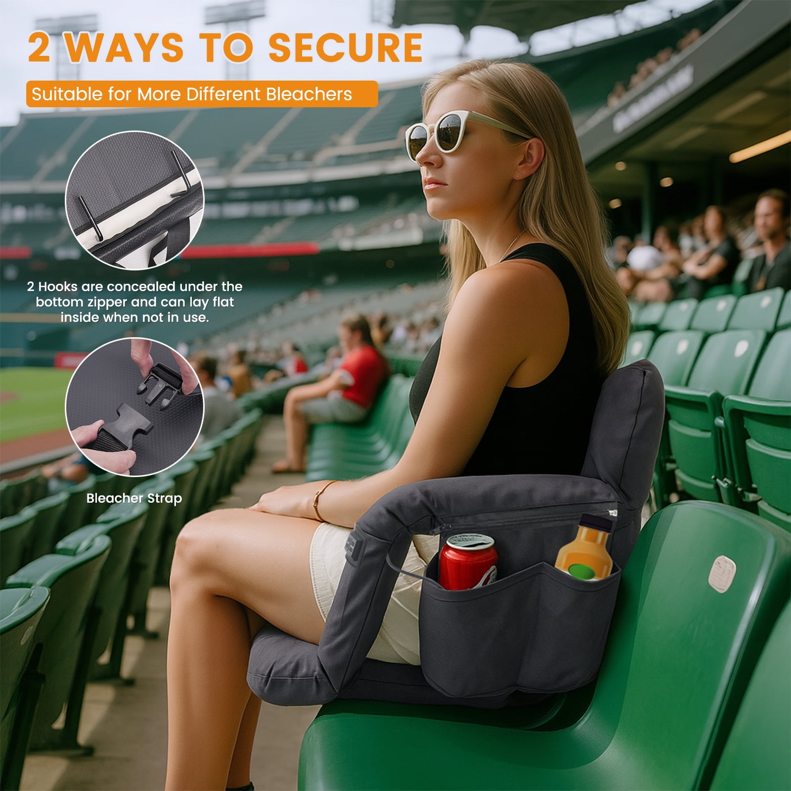 Slsy Dual-Sided Heated Ion Stadium Seats for Bleachers with Back & Arm Support and Wide Cushion, Extra Portable 6 Reclinng Positions Bleacher Seat for Outdoor Camping Games Sports - Image 7