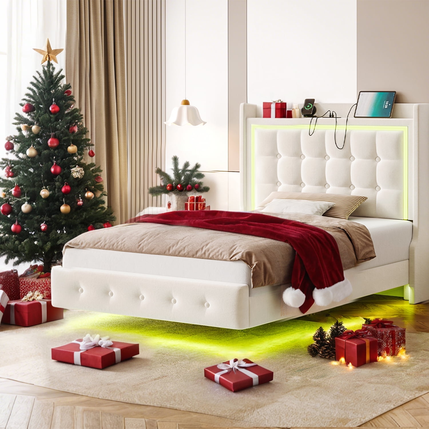 Homfa Twin Size Floating Bed Frame with RGB LED Lights Charging Station, Modern Velvet Upholstered Platform Bed Frame with Storage Headboard, Off-White - Image 4