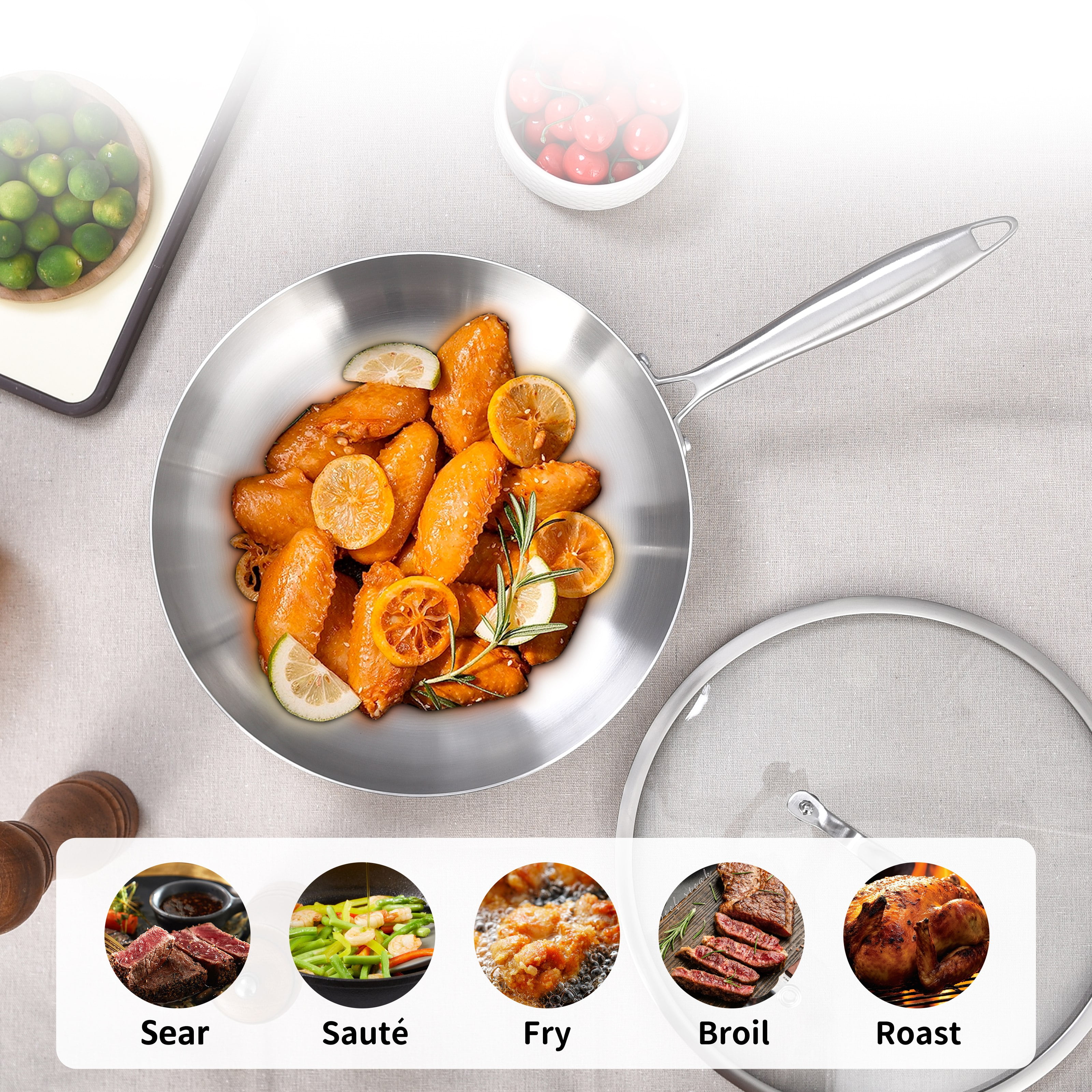 LOLYKITCH Tri-Ply Stainless Steel Pan Set, 8.5-inch, 10-inch, 12-inch Chef & Frying Pan, Induction & Oven Safe - Image 8