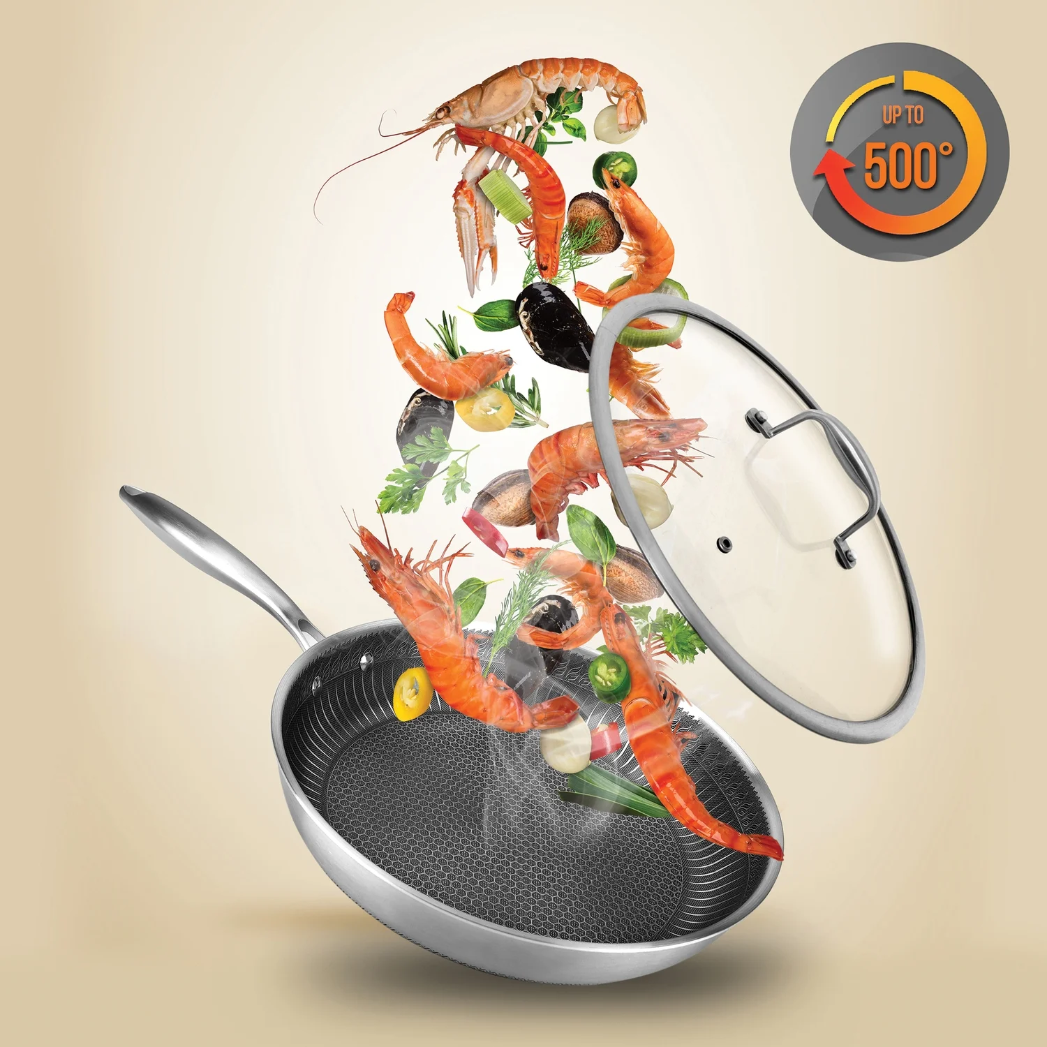 NutriChef NC3PL12 Nonstick Tri-Ply Stainless Steel Stir Fry Pan with Glass Lid, 12 inch - Image 3