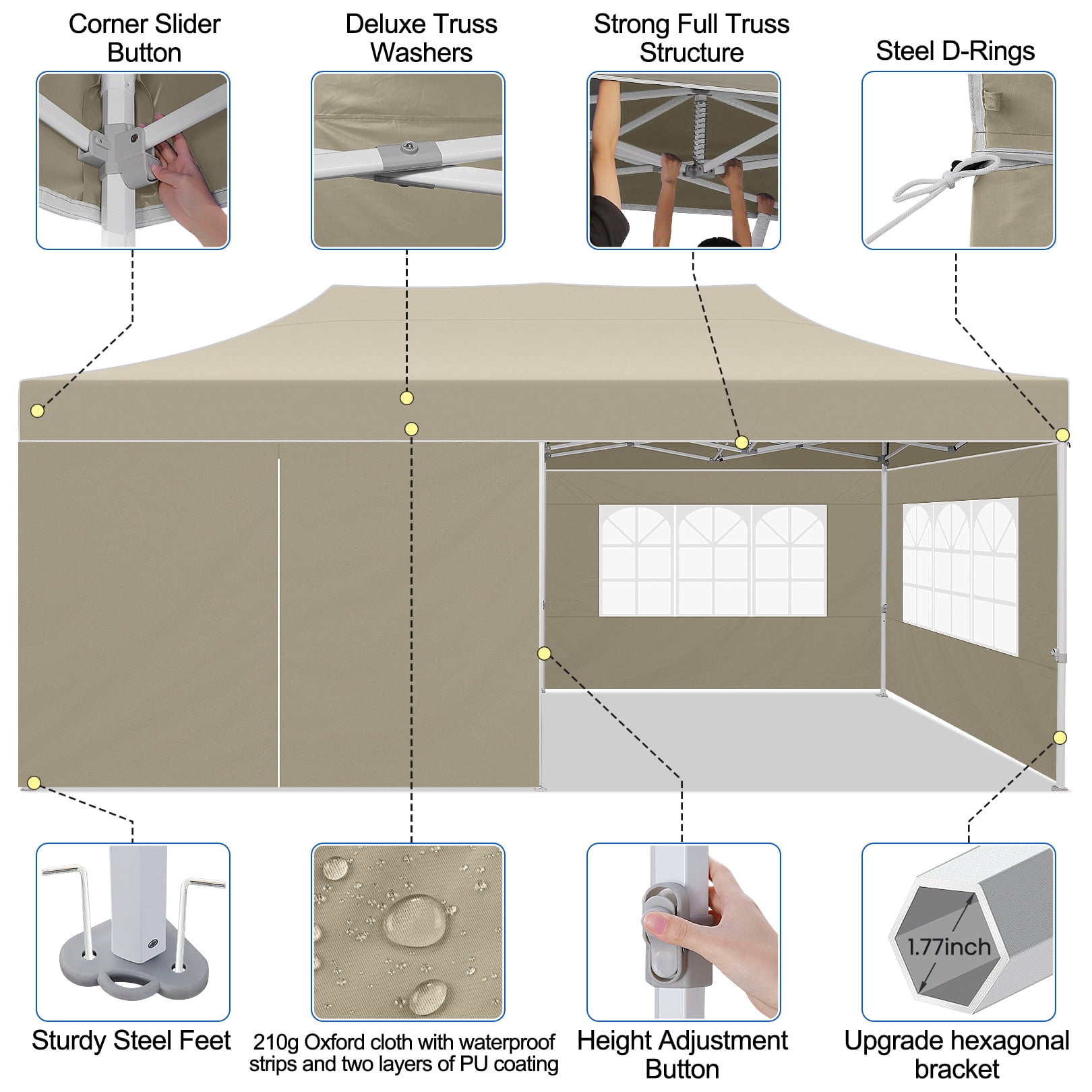 HOTEEL 10x20 Heavy Duty Canopy Tent with 6 Sidewalls,Pop up Commercial Tents,Outdoor Party Tents with Roller Bag,Khaki - Image 6
