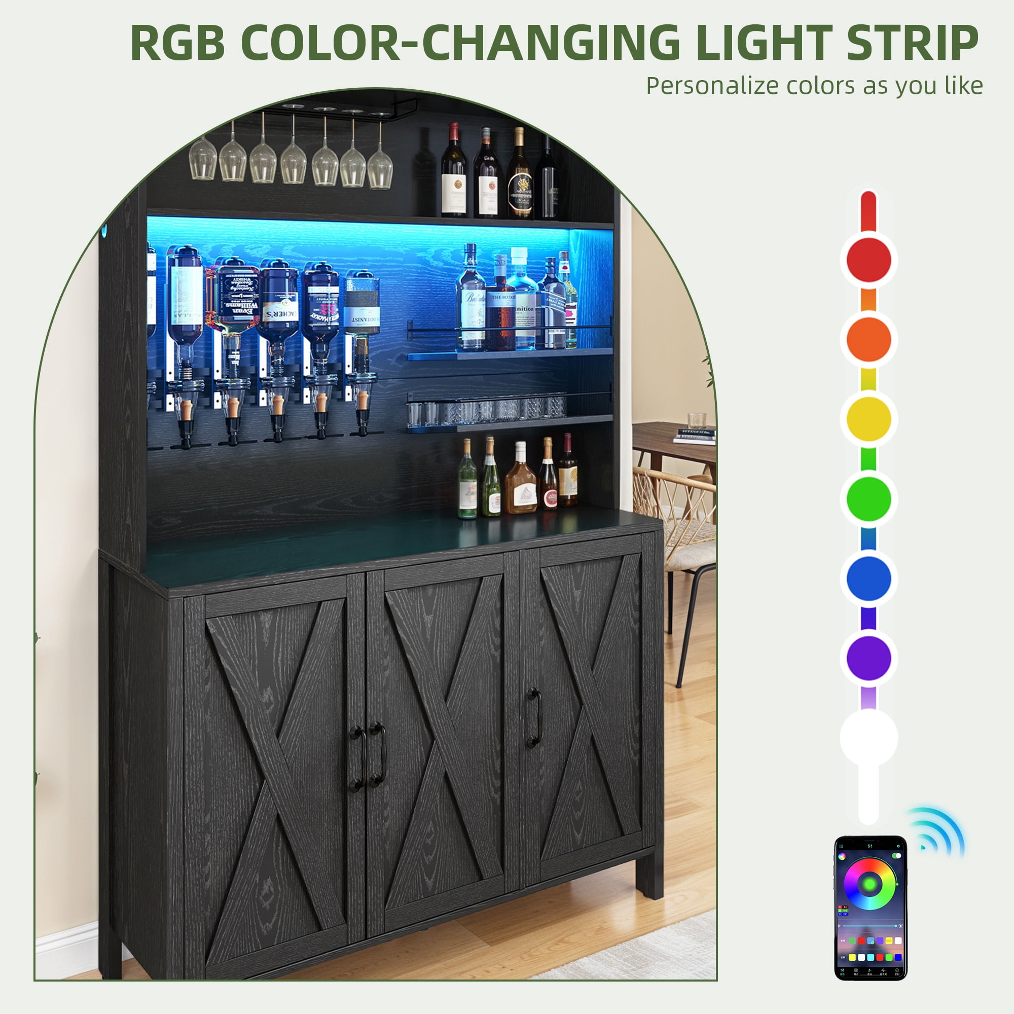 Uforic Bar Cabinet with LED Lights and Wine Rack, Liquor Cabinet with Beverage Dispenser, Black - Image 4
