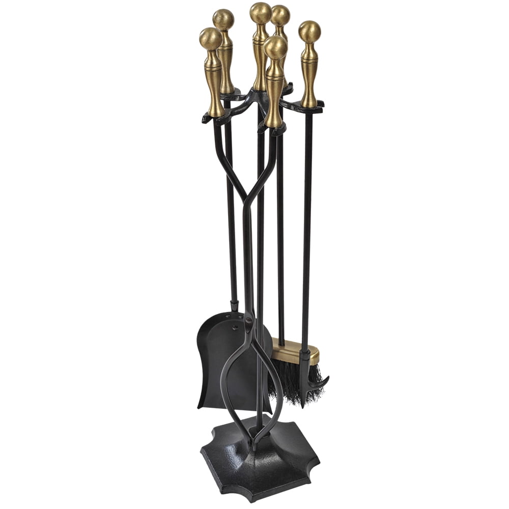 Amagabeli 5 Pieces Fireplace Tools Sets Brass Handles Wrought Iron Set and Holder Indoor Outdoor Fireset Fire Pit Stand Rustic Tongs Shovel Brush Chimney Poker Wood Stove Hearth Accessories Kit Large - Image 5