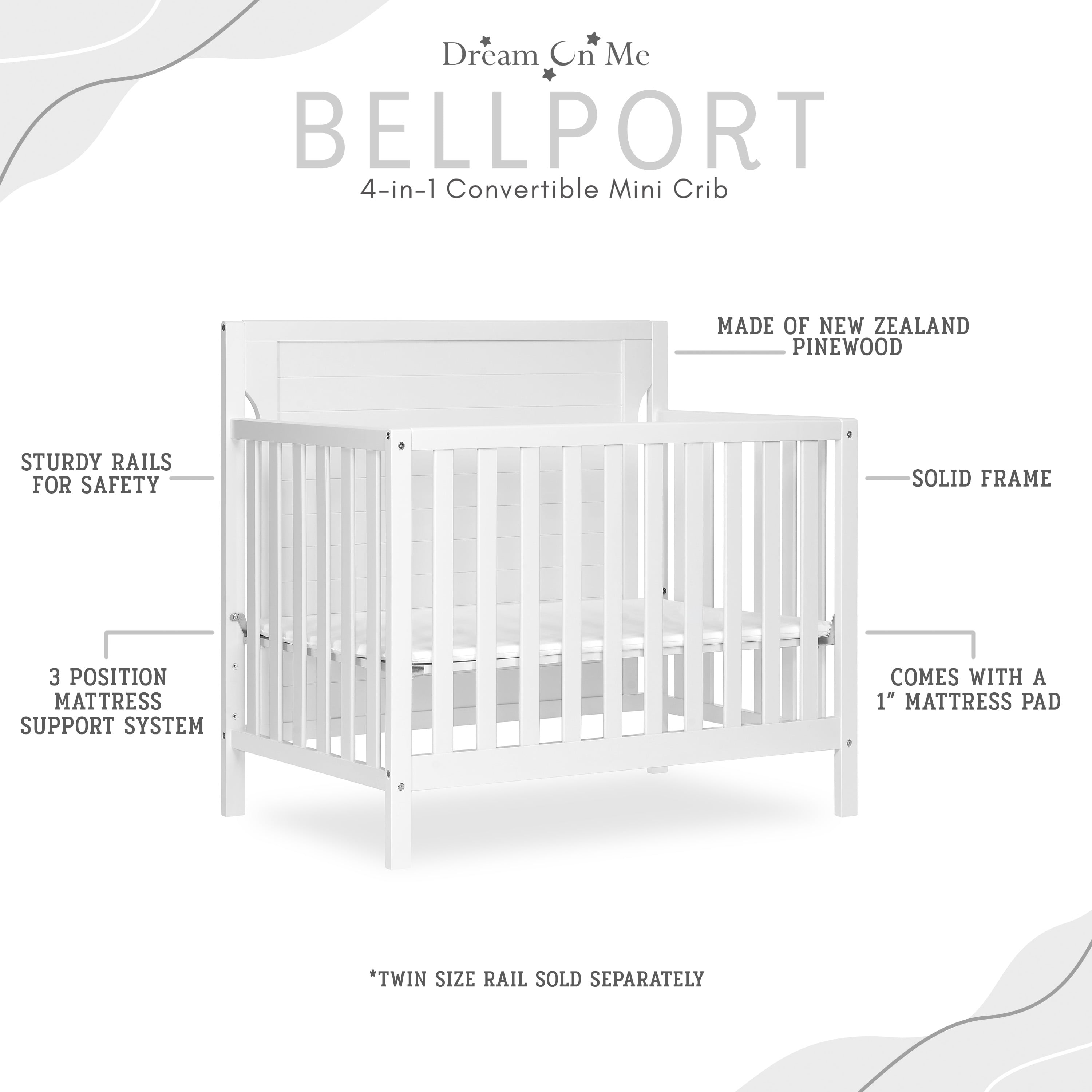 Dream On Me Bellport 4 in 1 Convertible Mini/Portable Crib in White, Non-Toxic Finish, Made of Sustainable New Zealand Pinewood, with 3 Mattress Height Settings - Image 3