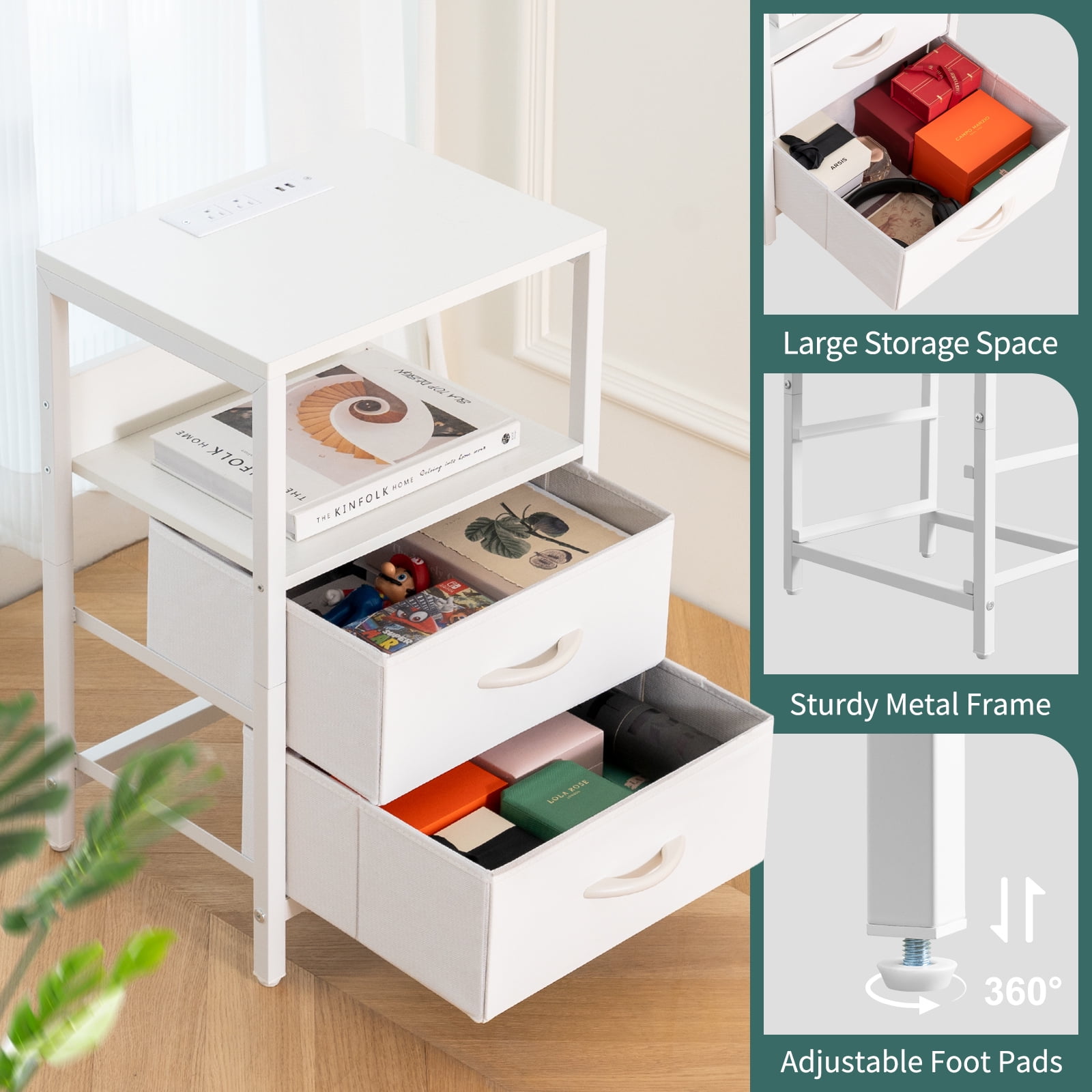 Nightstand with Charging Station, LED Night Stand with Fabric Drawers and Storage Shelf for Bedroom, Small Nightstands Bedside Tables with USB Ports & Outlets,White - Image 7