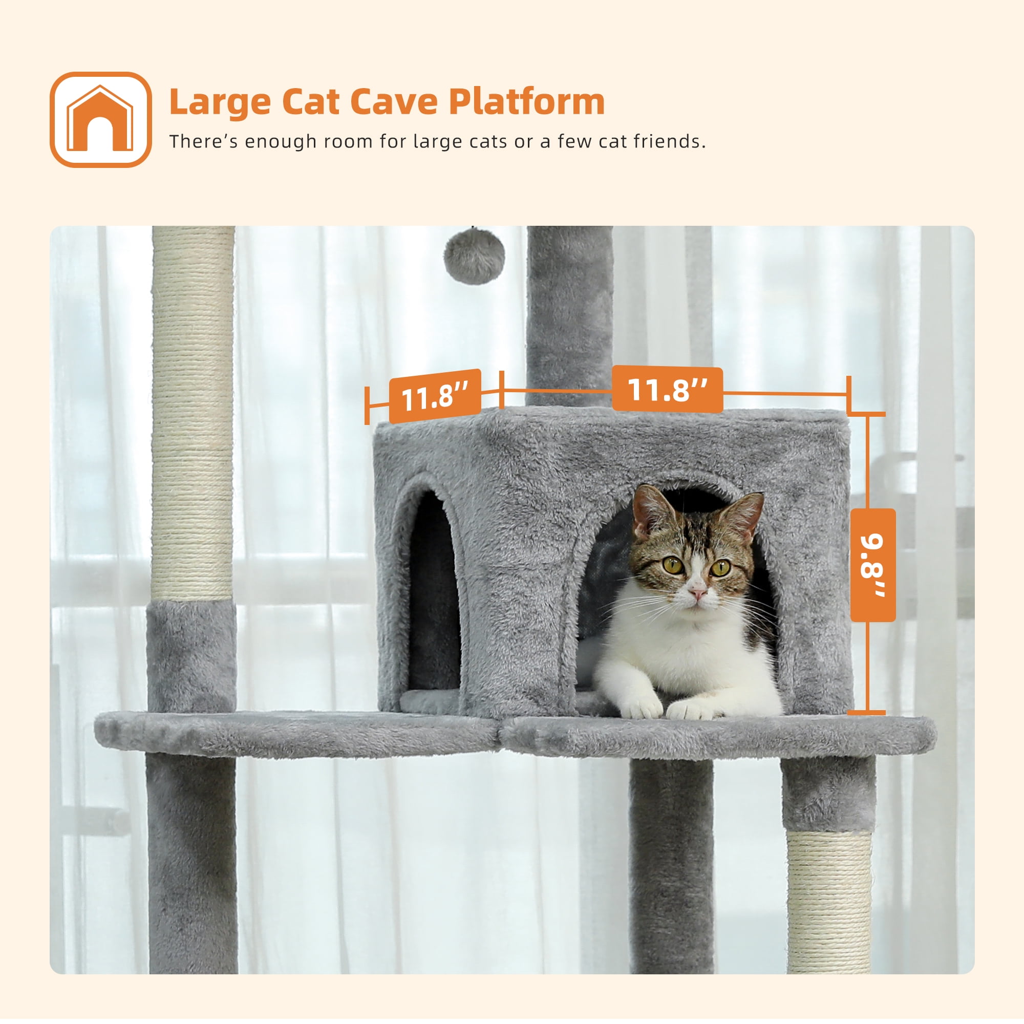 Pawz Road Cat Tree for Large Cats 56"Tall Cat Tower Condo with Scratching Post for Indoor Cats,Gray - Image 12