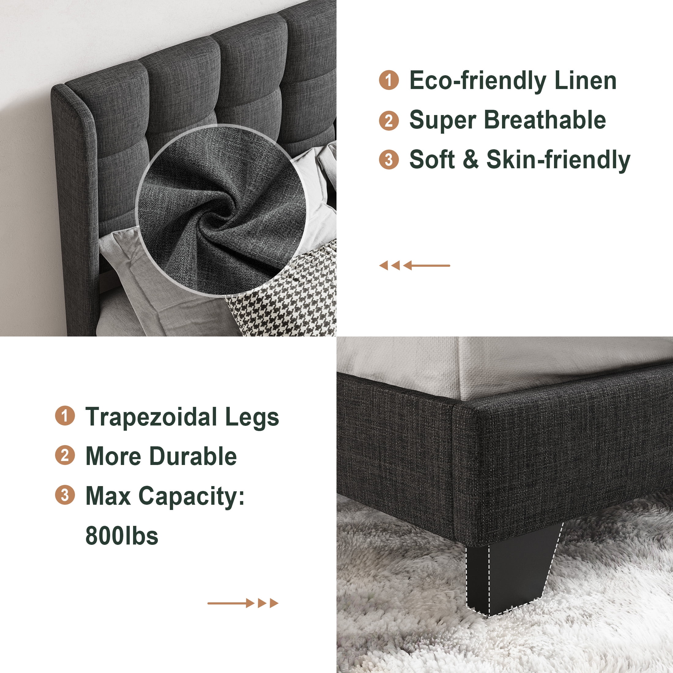 Amolife Full Size Platform Bed with Wingback Headboard, Square Stitched Style, Dark Grey - Image 7