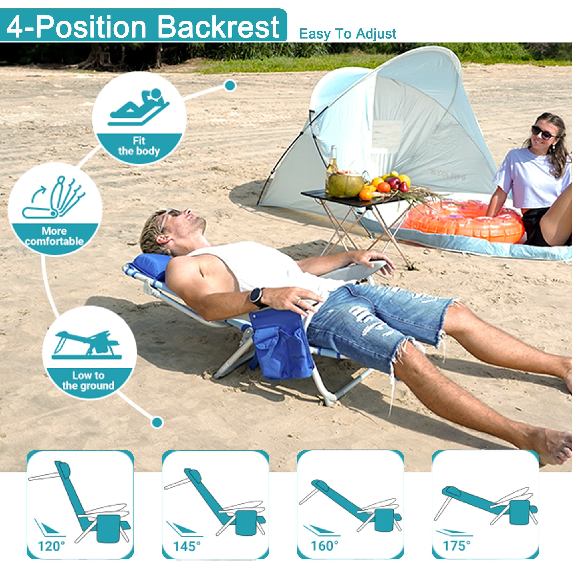 #WEJOY Backpack Beach Chair, 4-Position Adjustable Folding Chair, Aluminum Folding Beach Chair, Low Camping Chair for Adults with Headrest, Cup Holder, Towel Rack, Max Load 265 lbs - Image 3