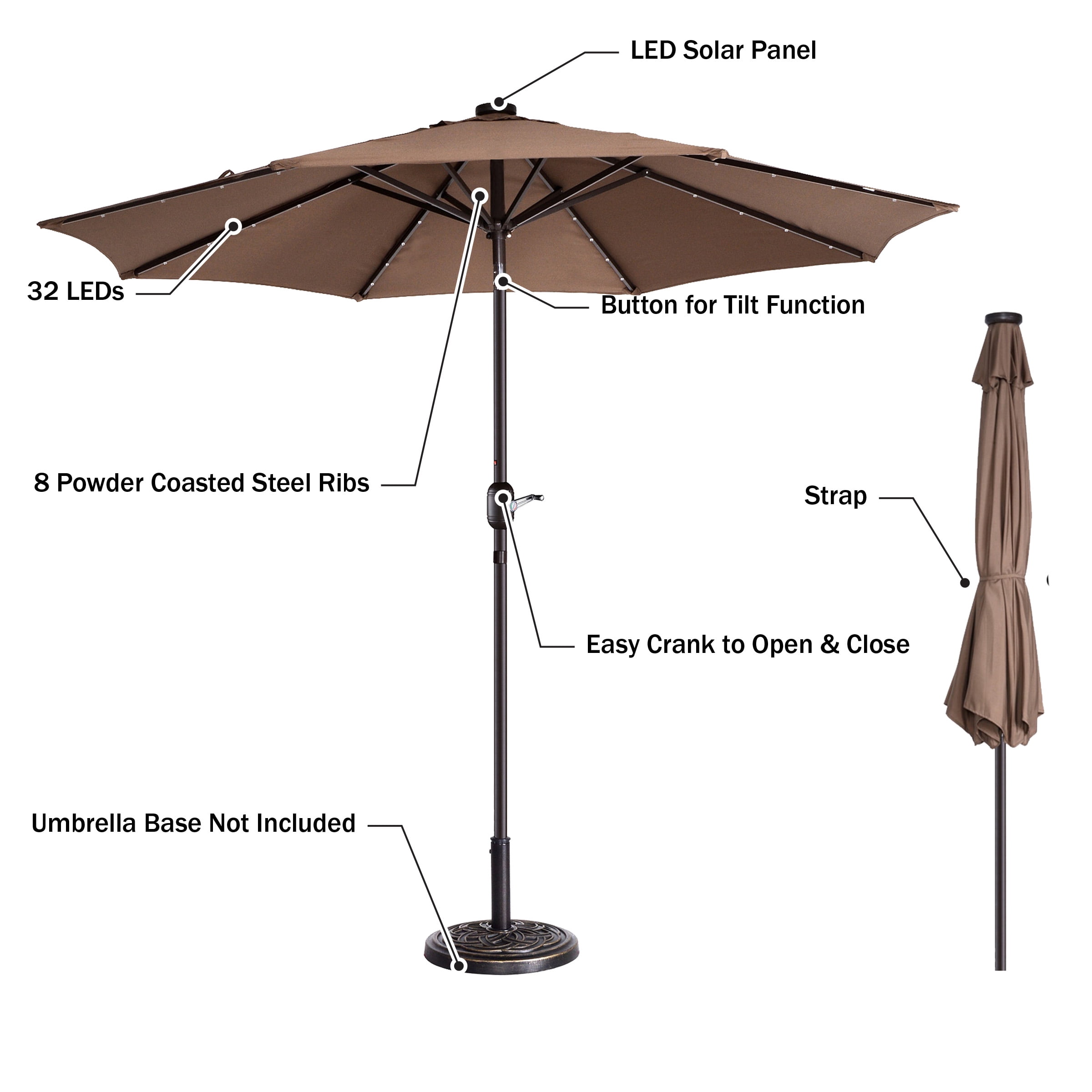 Villacera 9FT Outdoor Patio Umbrella with Solar Lights and Tilt, Brown - Image 4