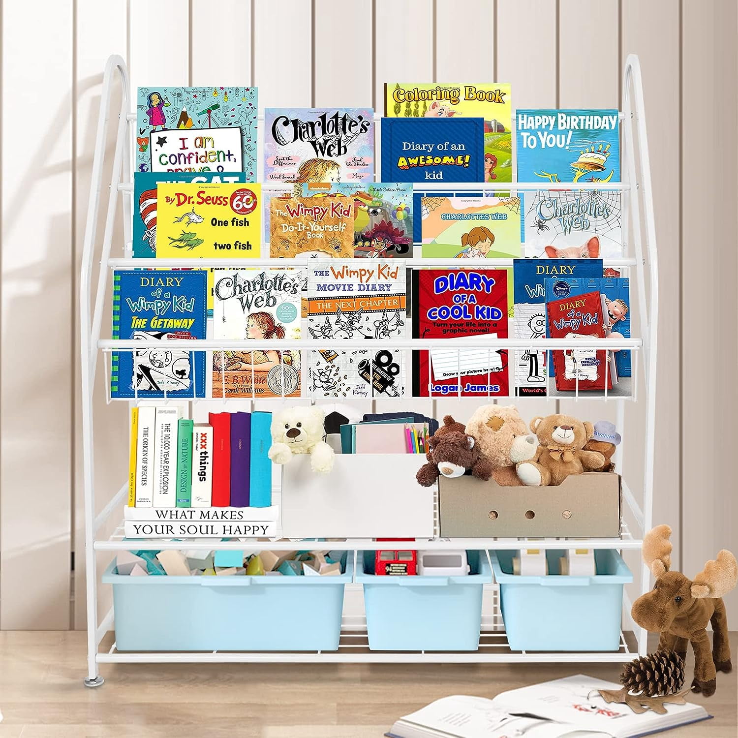 Dueatib Metal Kids Bookshelf Freestanding,Book Organizer for Kids,Bookcase Rack 32in Bookshelf with 2 Tier Children's Toys Display Storage Organizer Shelves(5-tier/32in,White) - Image 3