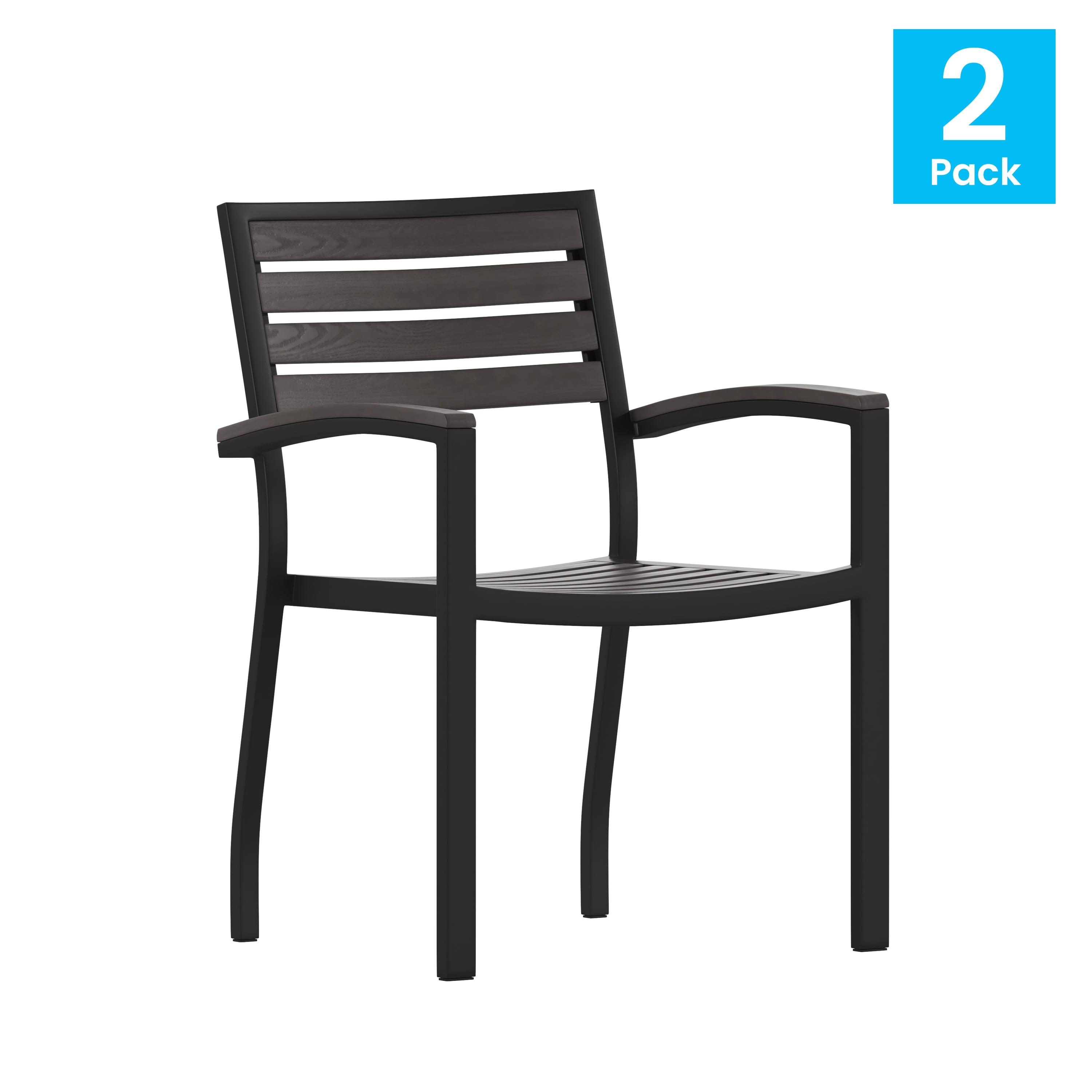 Flash Furniture Lark Set of 2 Outdoor Stackable Faux Teak Side Chairs - Commercial Grade Black Aluminum Patio Chairs with Synthetic Gray Wash Faux Teak Slats - Image 3