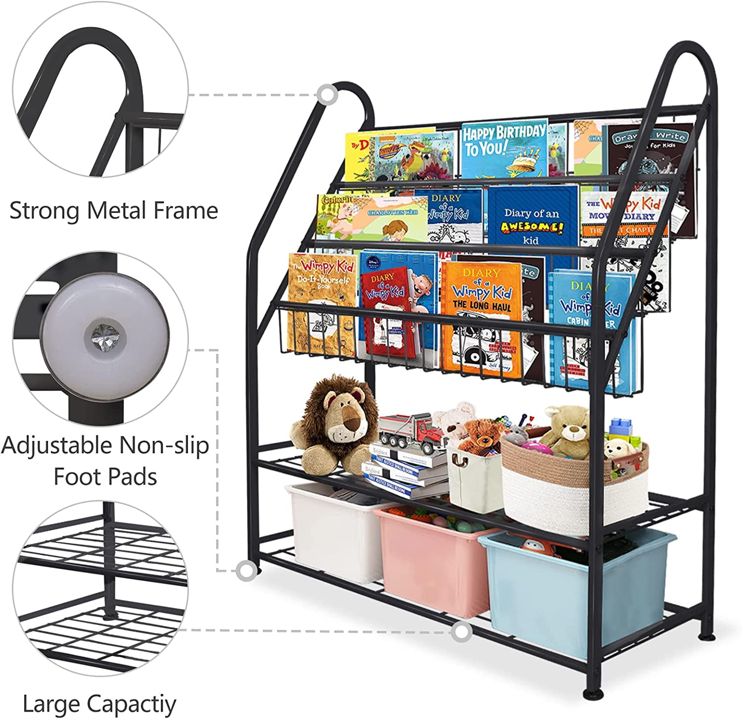 aboxoo Metal Kids Black Bookshelf LargeFreestanding for Children Room 32 in Toys Organizer Large Stable Bookcase Bookstore Library Book Unit Storage Kids Bed Living Room - Image 6