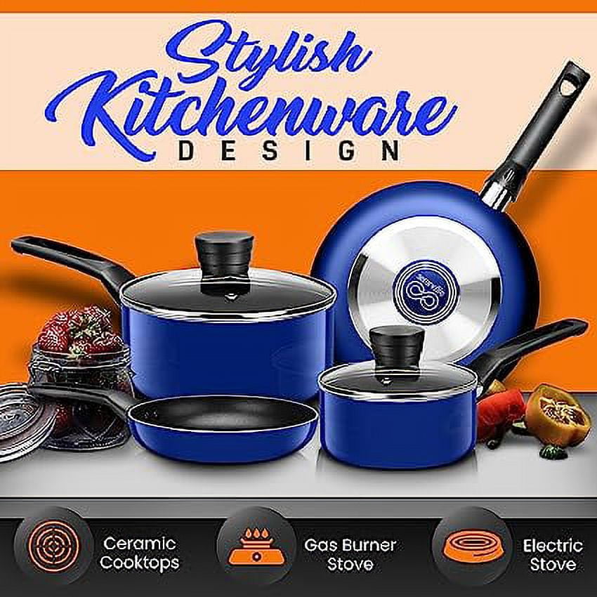 SereneLife 6-Piece Set Black Non-Stick Coating Inside Pots & Pans Basic Kitchen Cookware, Blue - Image 2