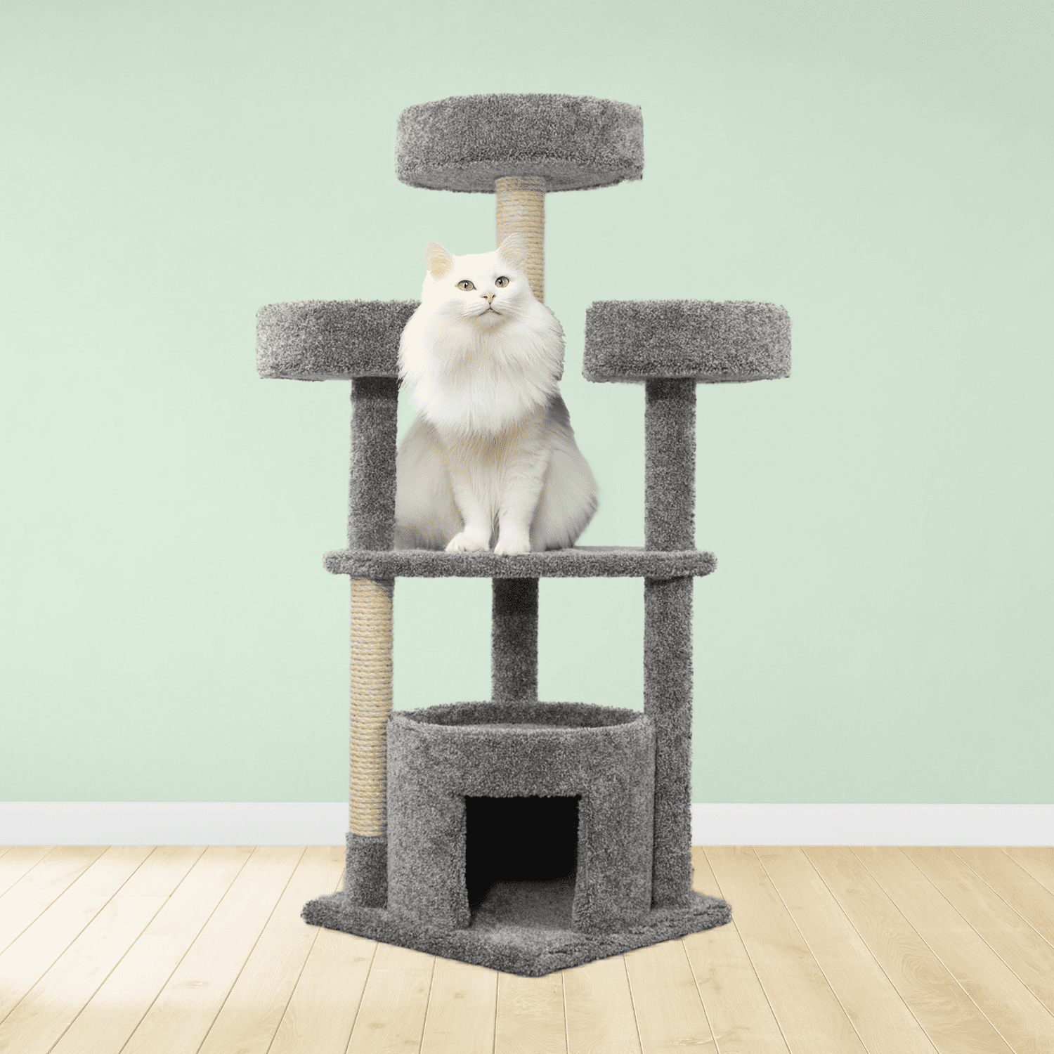 Kitty City Upholstered Multi-Level 54-Inch Indoor Cat Tree with Scratching Posts, House & Perches, Gray - Image 2