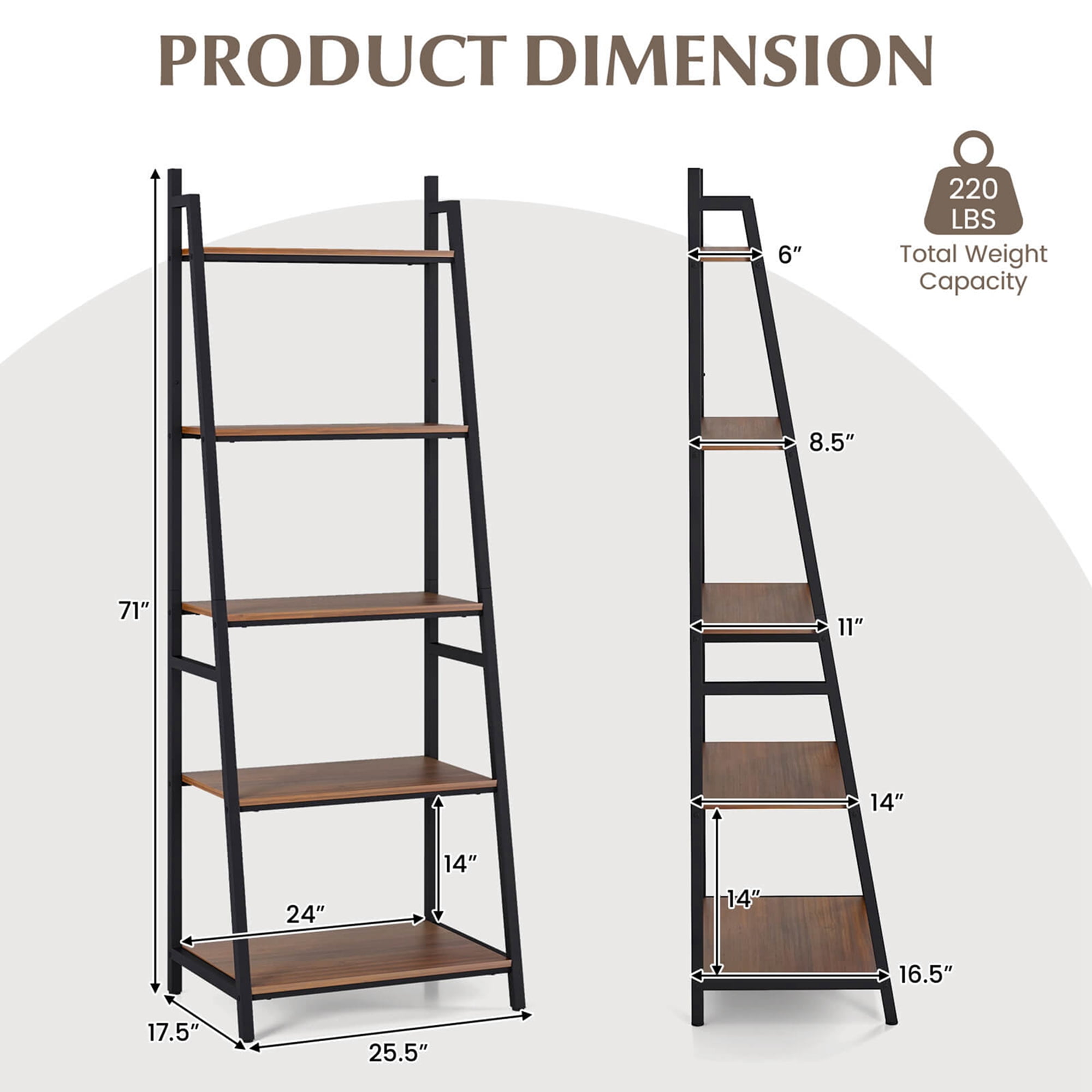 Costway Industrial Ladder Shelf Rustic 5 Tier Leaning Bookshelf Wood Metal Bookcase - Image 6