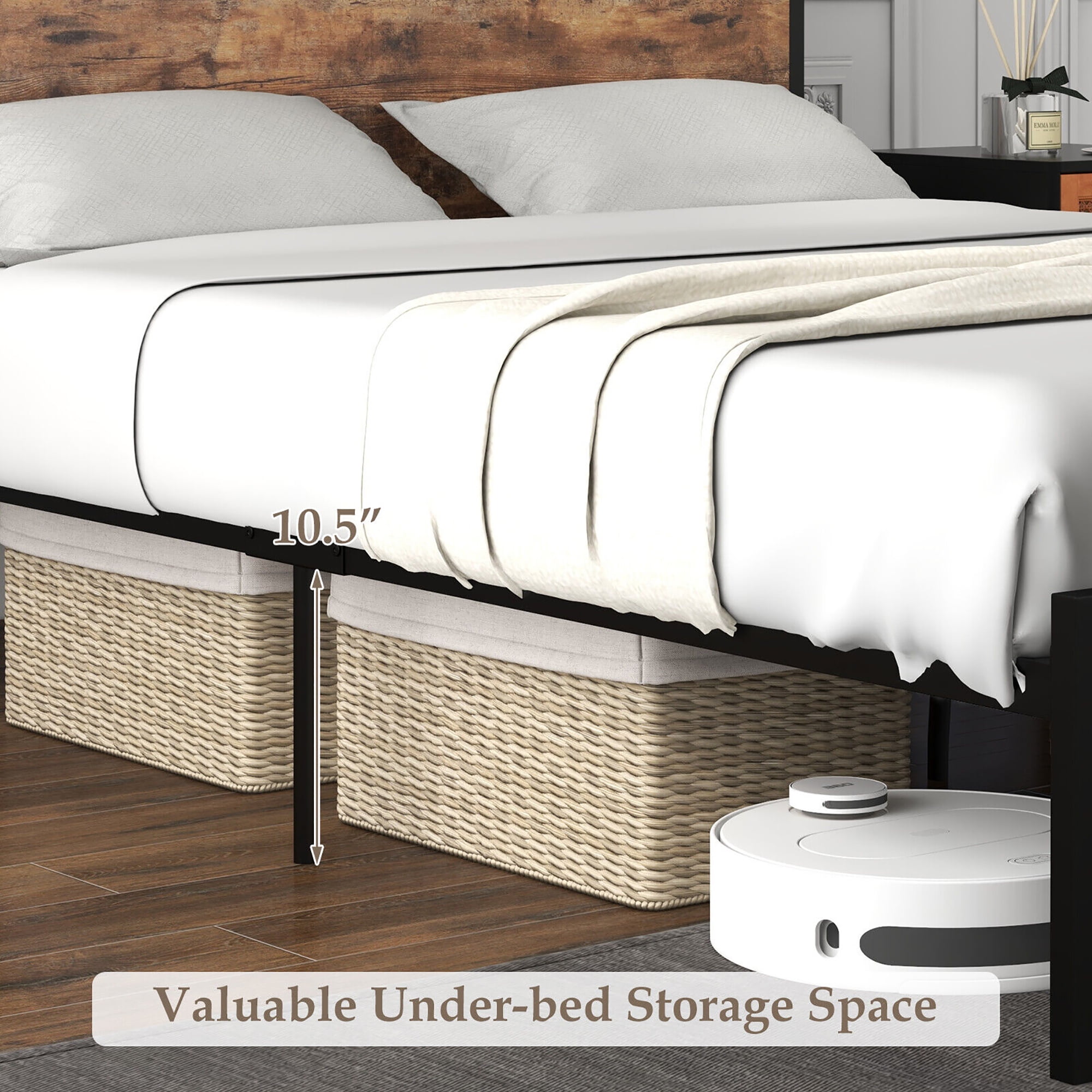 Gymax Full Size Industrial Platform Bed Frame with Charging Station Storage Headboard - Image 9
