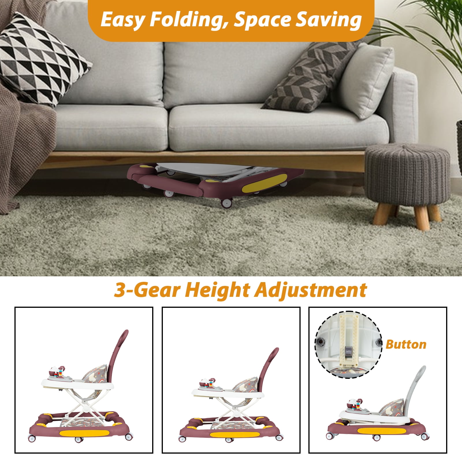 SLLINGLUO Baby Walker, 5-in-1 Infant Walker for Babies, Girls and Boys, Adjustable Folding Walker with Music Toys, Red - Image 9