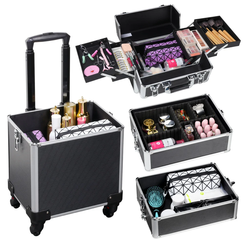 Renwick 4-in-1 Rolling Professional Cosmetic Makeup Case, Black - Image 2