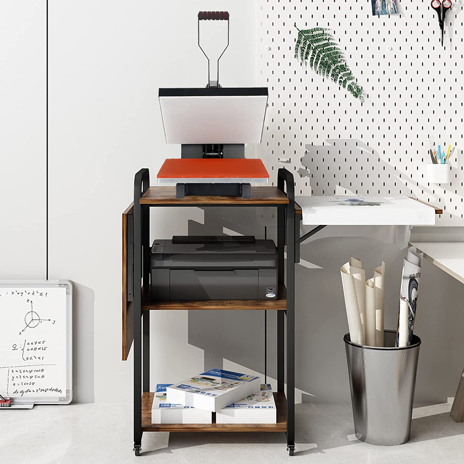 Natwind 3 Tier Movable Heat Press Table Foldable Heat Transfer Machine Stand Heavy Duty Rolling Workbench with Folding Table for DIY Sublimation Transfer Machine Metal Shelf Storage Organization - Image 9