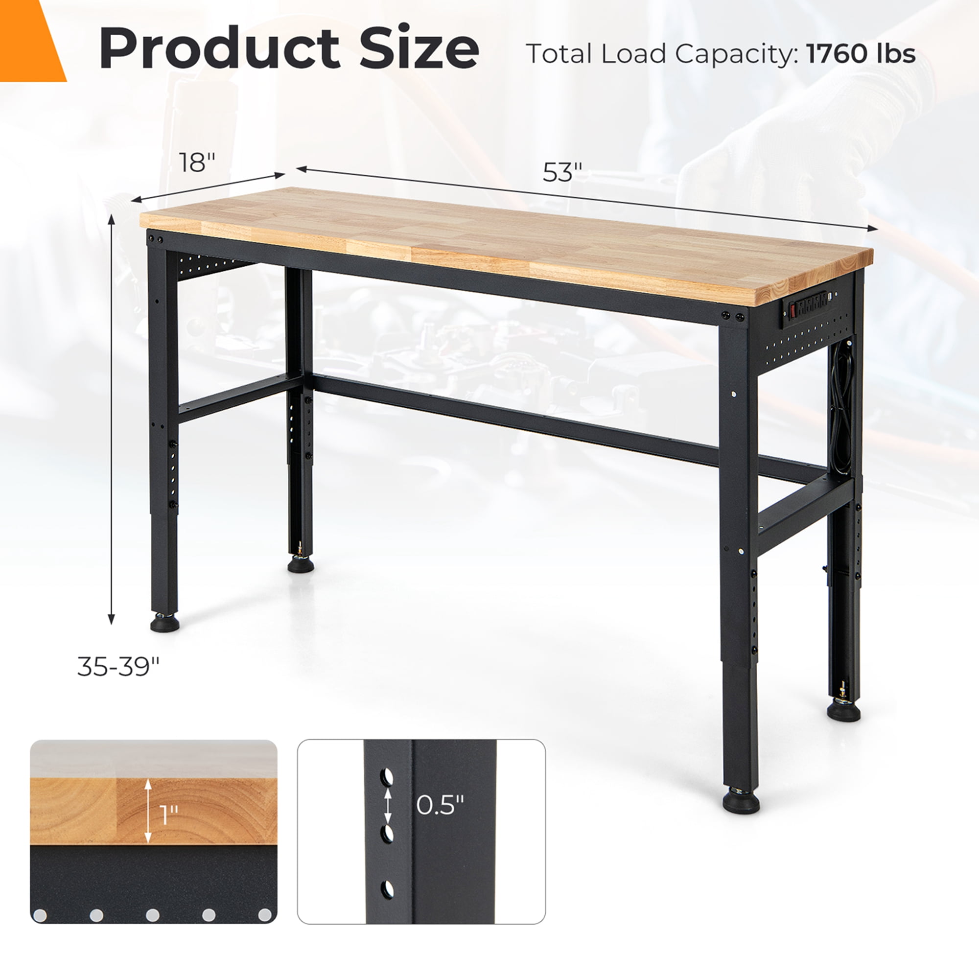 Costway 53" Adjustable Height Workbench 1760lbs Capacity Workstation w/ Power Outlets - Image 7