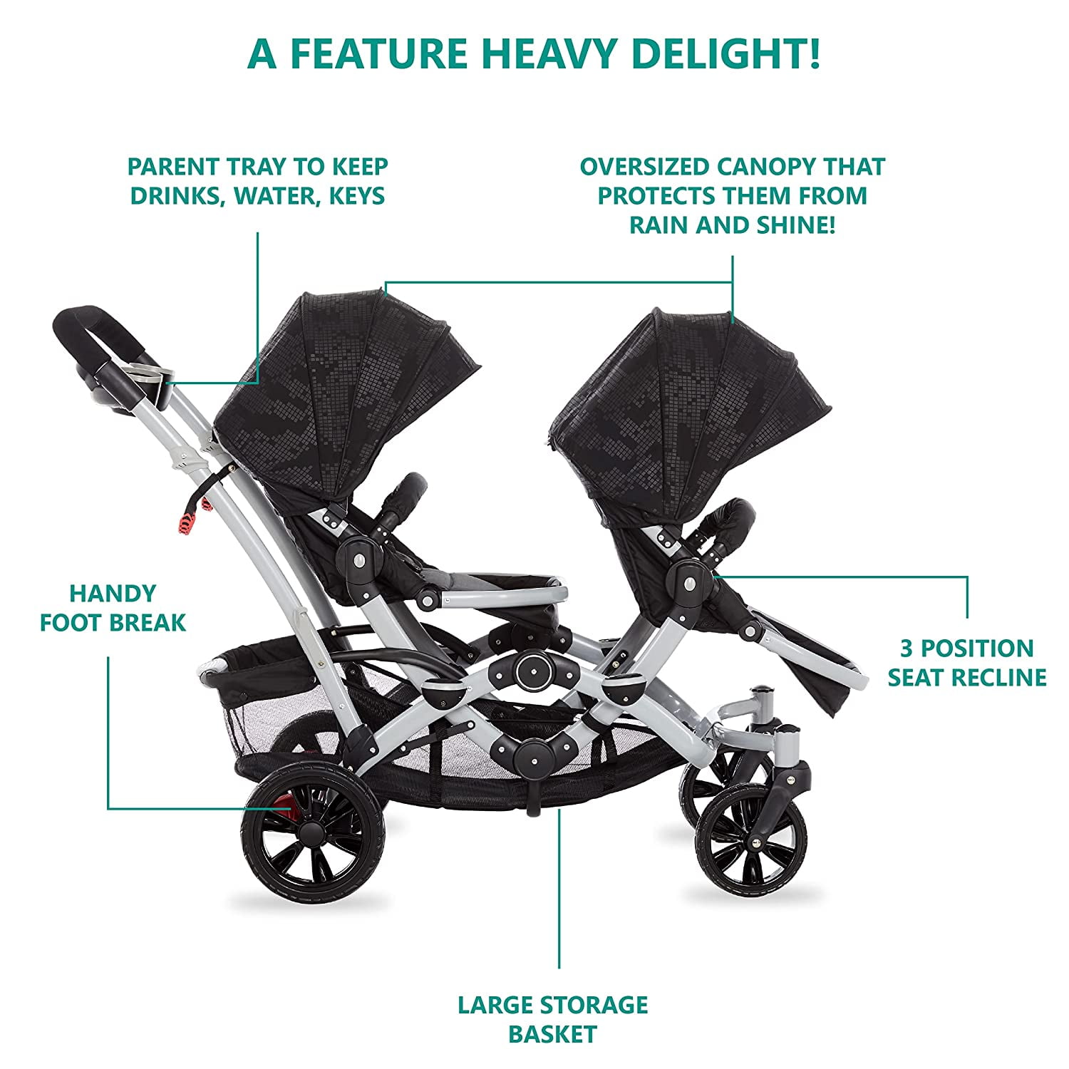 Dream On Me Track Tandem Double Umbrella Stroller with Canopy, Black - Image 4