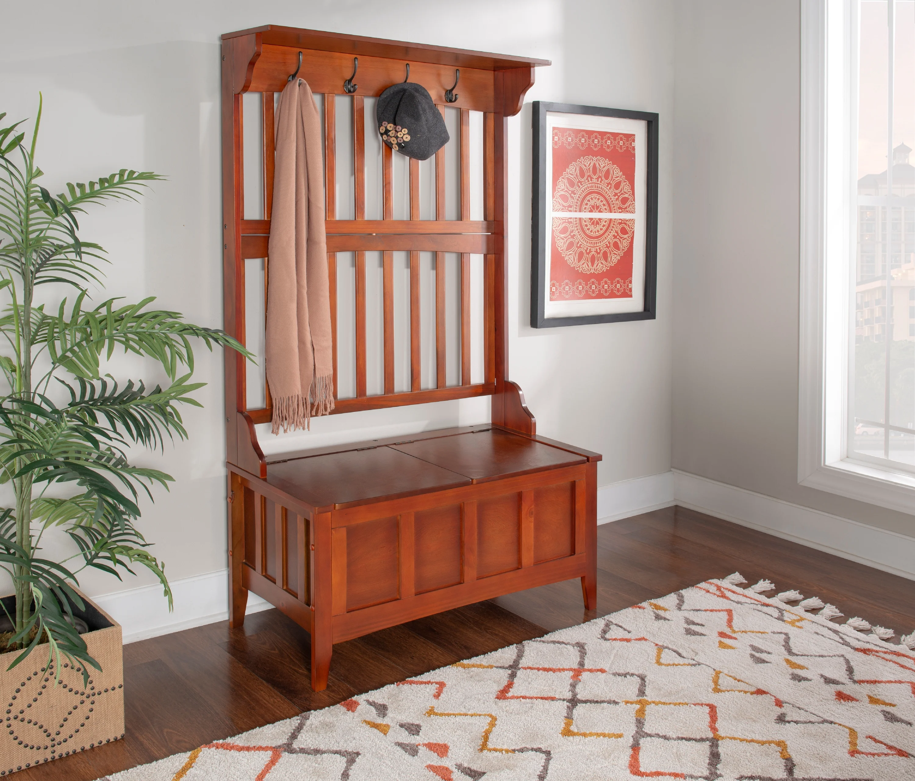 Linon Fletcher Free Standing Hall Tree with 4 Hooks and Split Seat Storage Bench, Walnut - Image 12