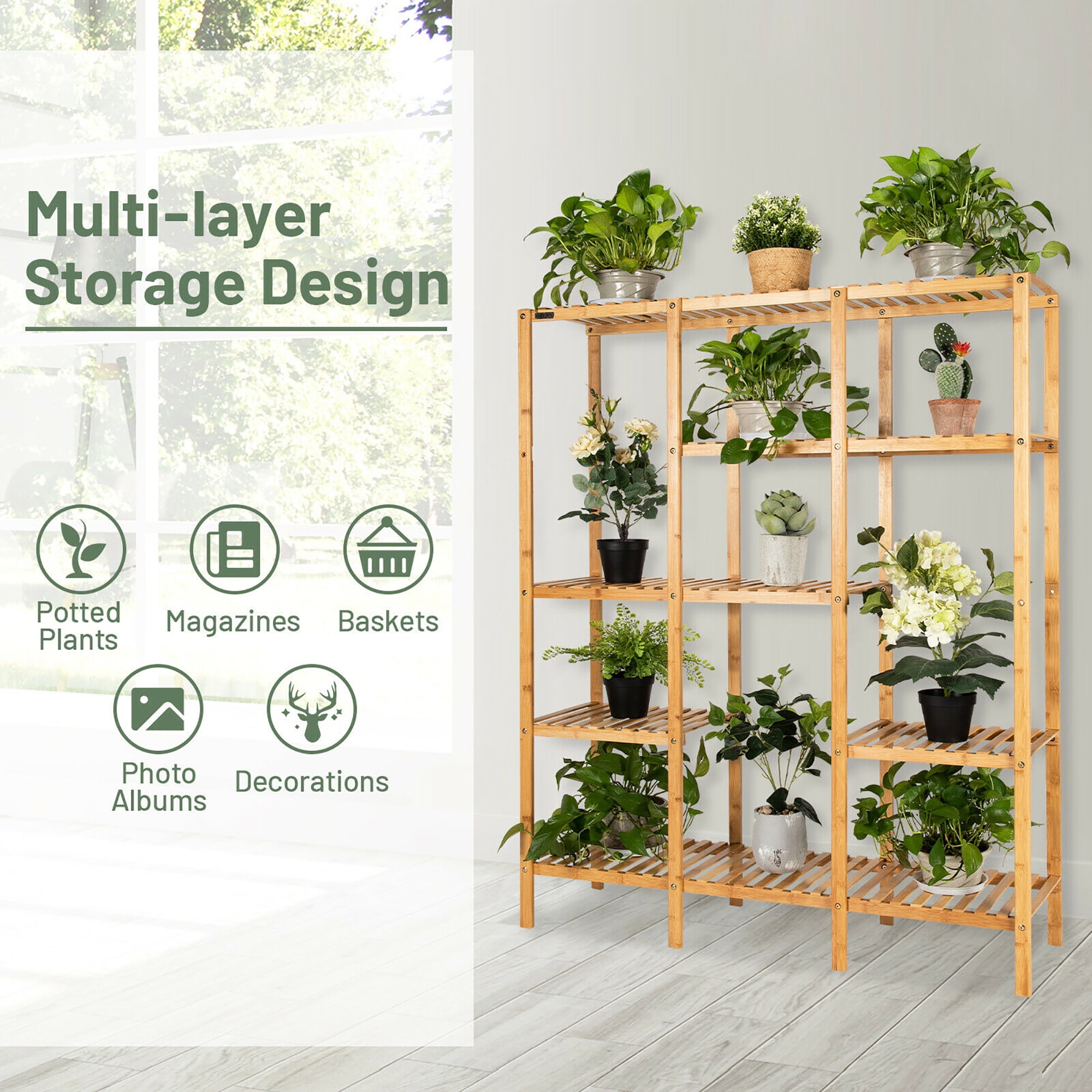 Costway Multifunctional Bamboo Shelf Storage Organizer Rack Plant Stand Display Closet - Image 7