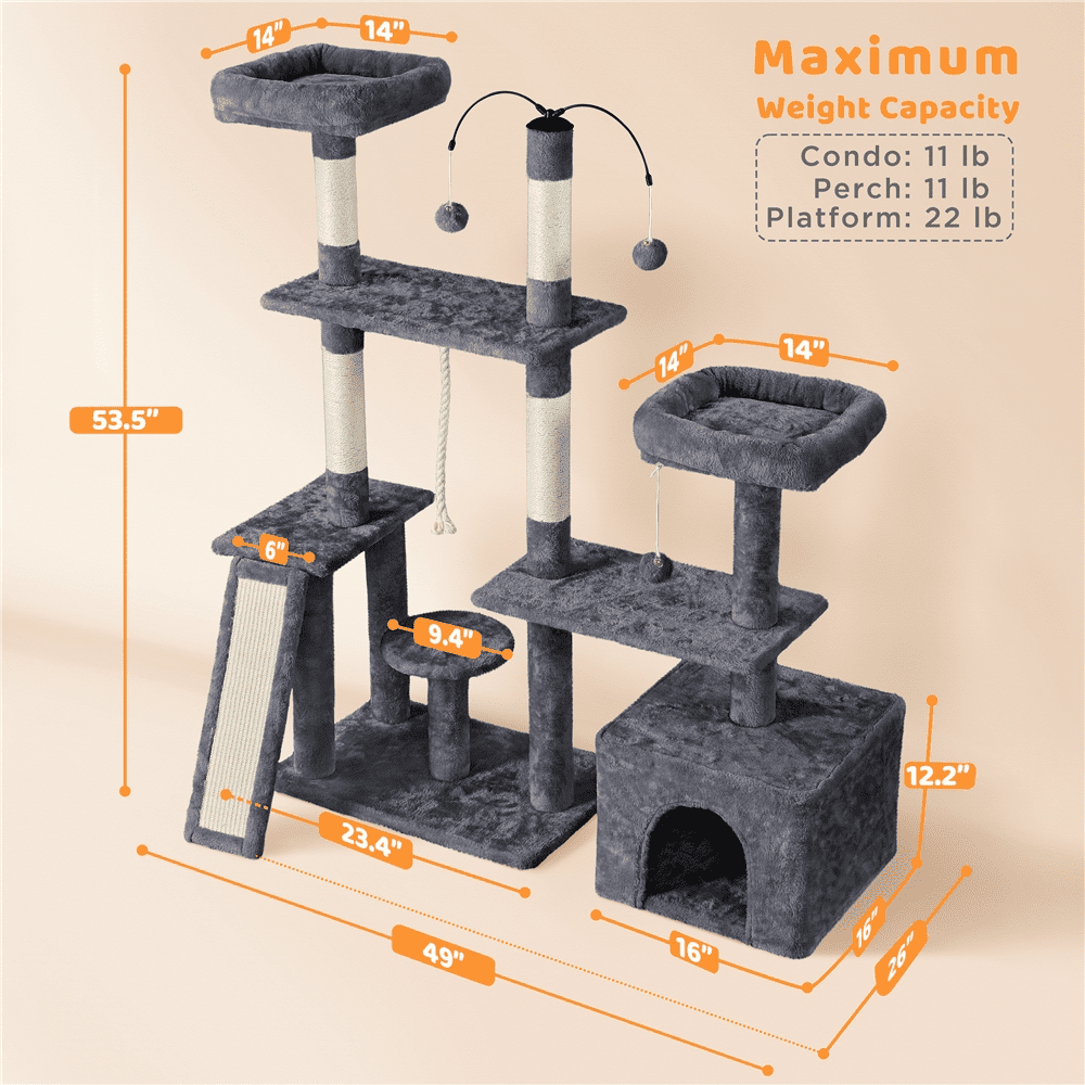 Alden Design Multilevel Plush Cat Tree Activity Tower Play Center with Sisal Scratching Posts, Dark Gray - Image 7