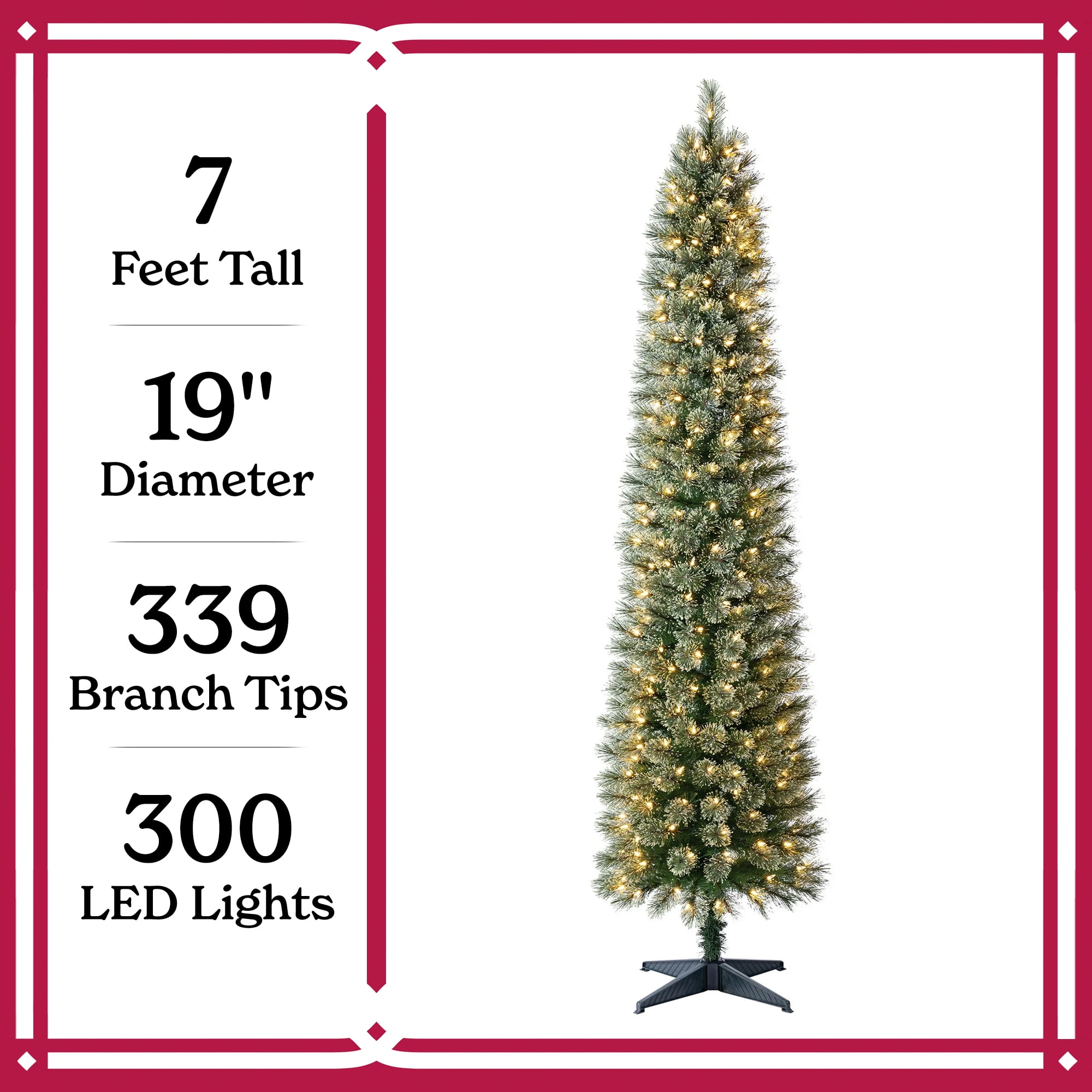 7 ft Pre-Lit Shelton Cashmere Pencil Fir Artificial Christmas Tree with 300 Clear LED Lights and Stand, by Holiday Time - Image 7