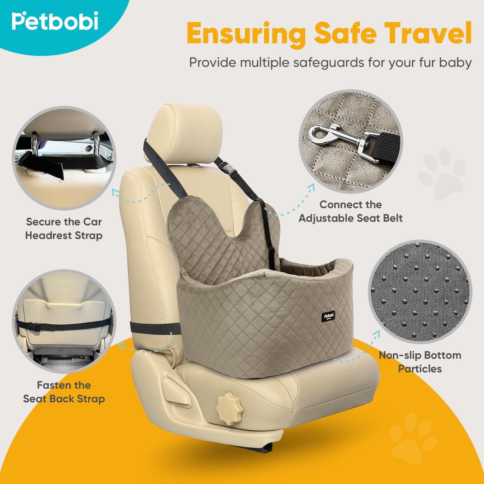 Petbobi Dog Car Booster Seat, Soft Car Travel Bed for Small Dogs up to 25lbs, Light Brown - Image 6