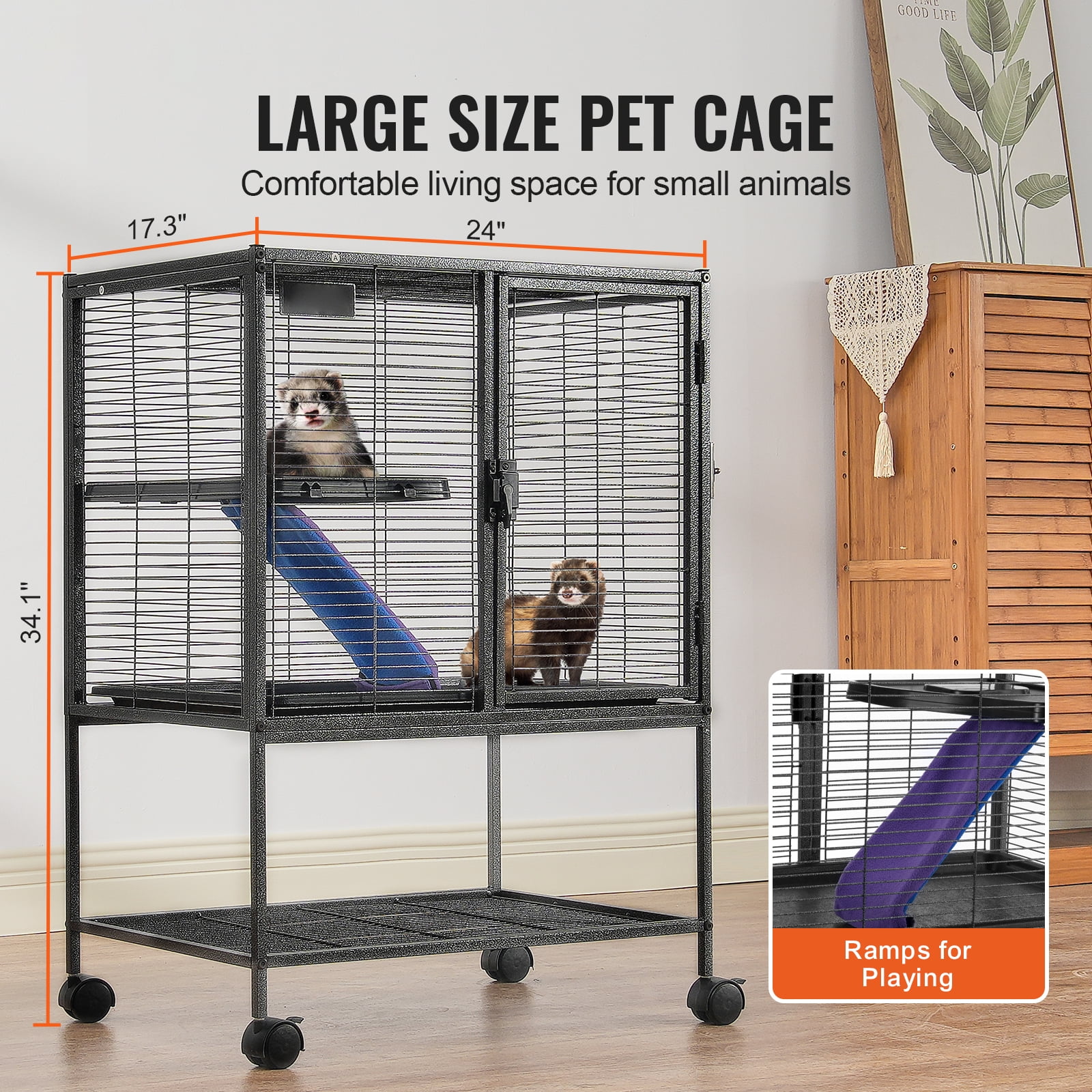 KFFKFF 64.6" Metal Cage on Wheels, Spacious 4-Level Habitat for Small Pets, Includes Ramps & Tray, Simple Assembly, Ideal for Ferrets, Rats, Guinea Pigs, Chinchillas, Squirrels, Hedgehogs, Bunnies - Image 8