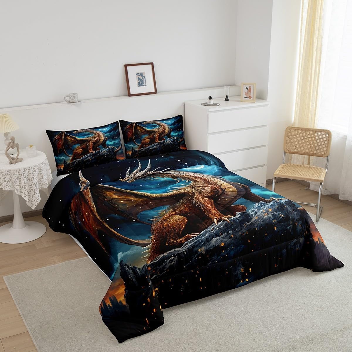 Erosebridal 3D Dragon Comforter Set Twin ,Blue Moon Nebula Galaxy Bedding Set Trippy Room Decor,Gothic Dragon Bedding Comforter Sets Animal Quilt Bed Set 2Pcs - Image 3