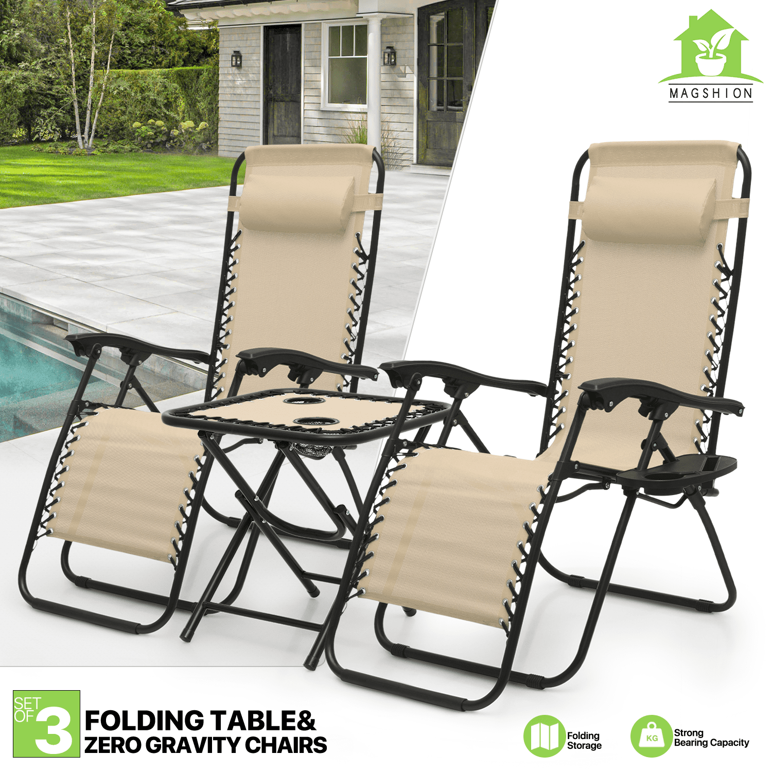 Magshion Outdoor Zero Gravity Chairs Set of 3, Adjustable & Folding Patio Reclining Lounge Chair, Zero-Gravity Camping Lounge Chair with Side Table, Cup Holder, Pillow, Cream - Image 6