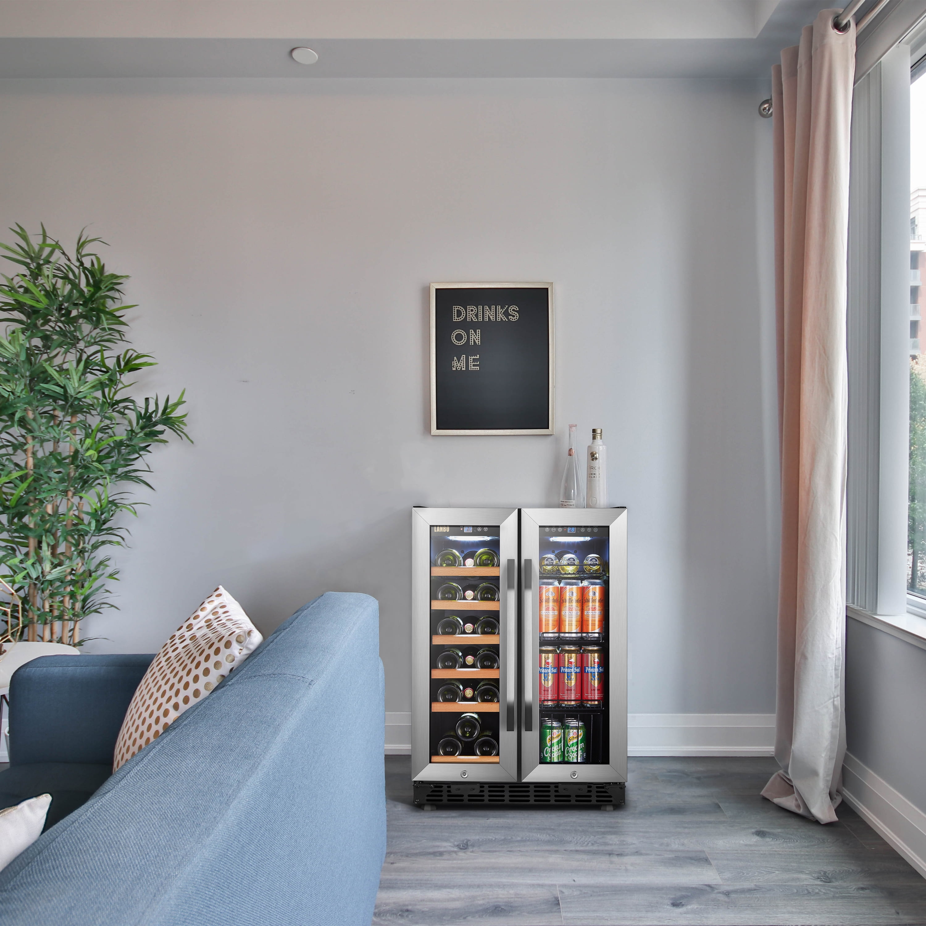 Lanbo 24 inch 18 Bottle 55 Cans Under Counter Dual Zone Wine Cooler Beverage Refrigerator - Image 2