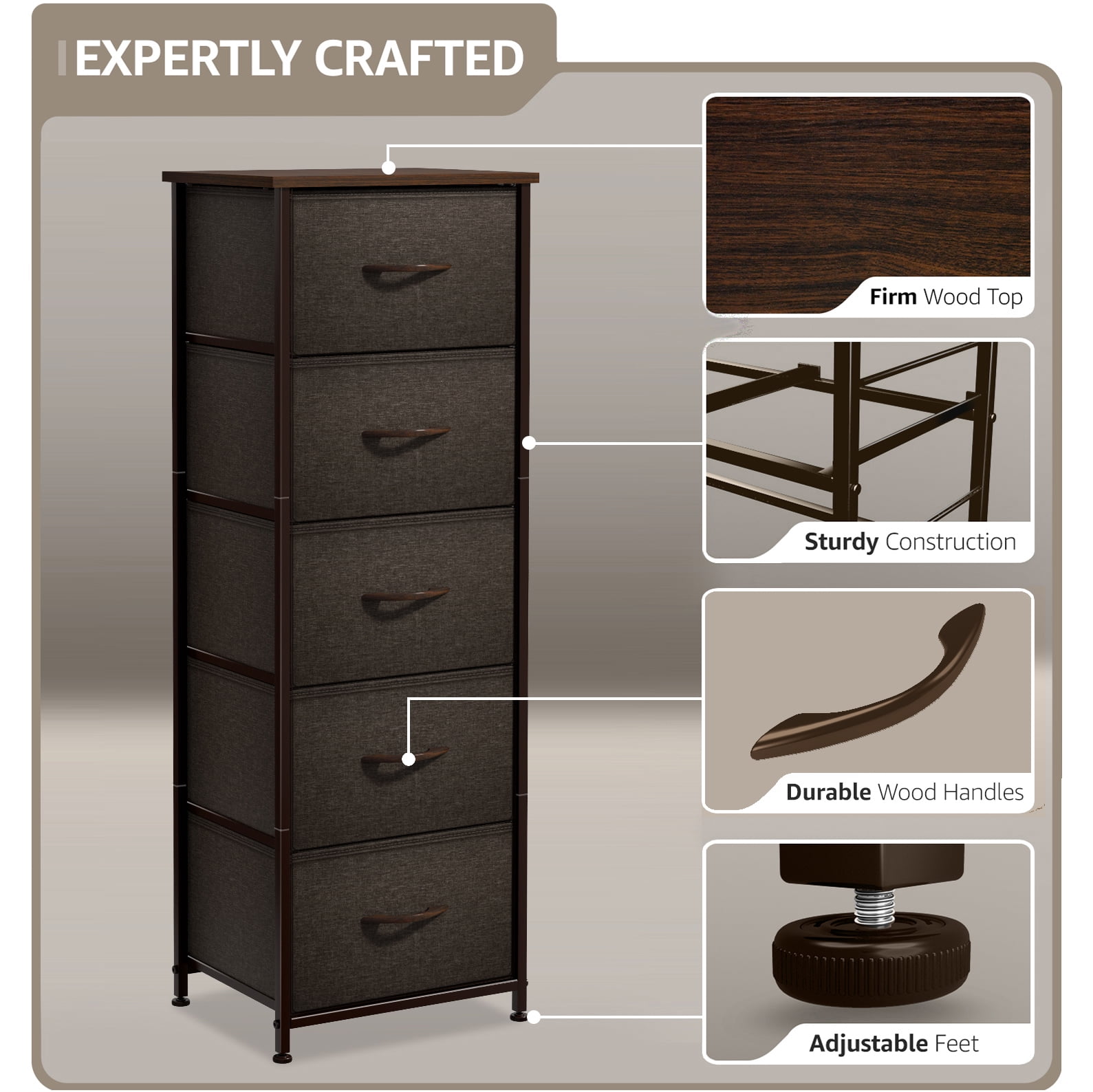 Sorbus Dresser Storage Tower, Organizer for Closet, Tall Dresser for Bedroom, Chest Drawer for Clothes, home office, Living Room, College Dorm, Steel Frame, Wood Top, Fabric, 5 Drawers - Image 3