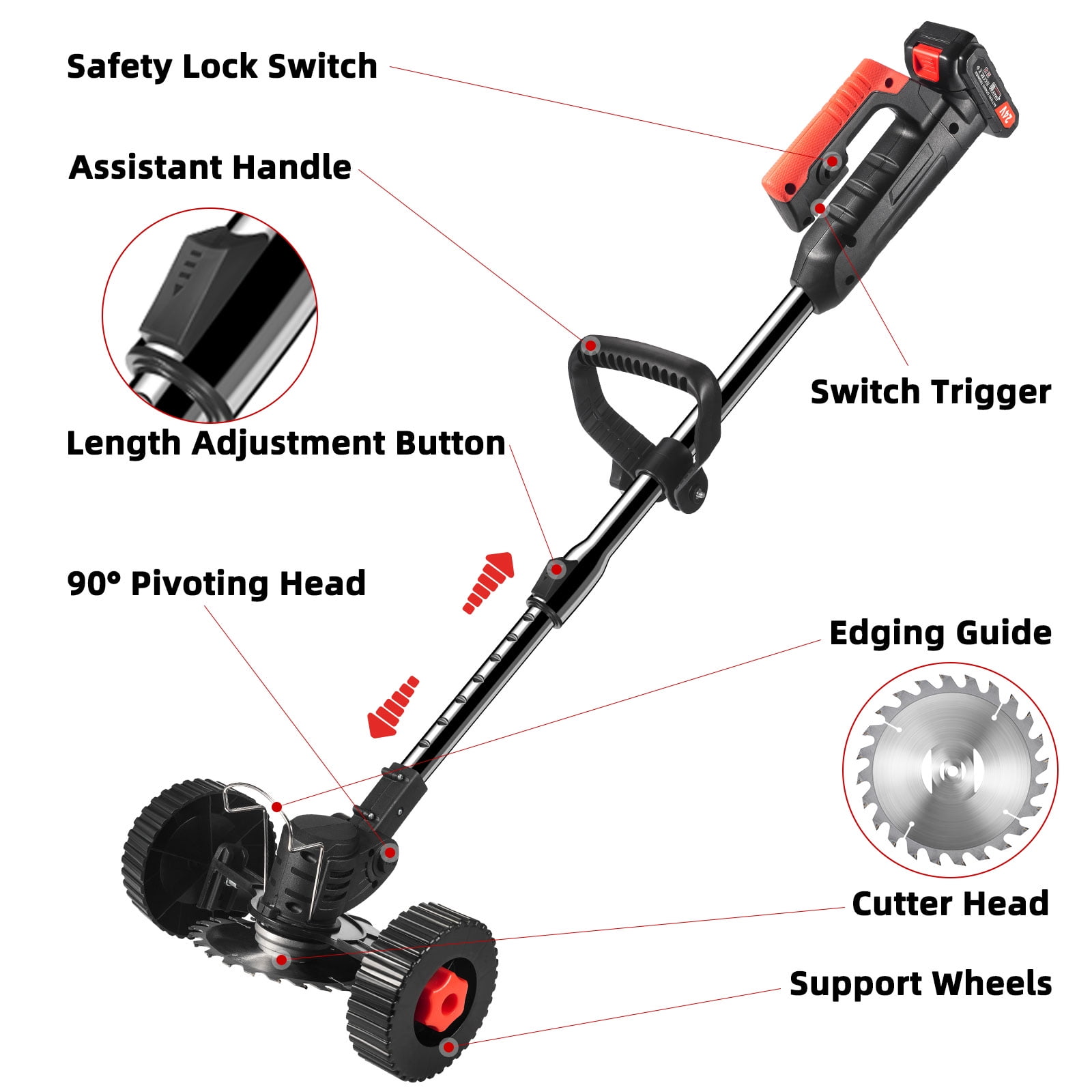G·PEH Electric Weed Wacker Battery Powered,Cordless String Trimmer Edger with Wheels,Electric Weed Eater Cutter Lawn Mower Edger Tool,Adjustable Handle,3 Function Blades Cutter for Yard and Garden - Image 3