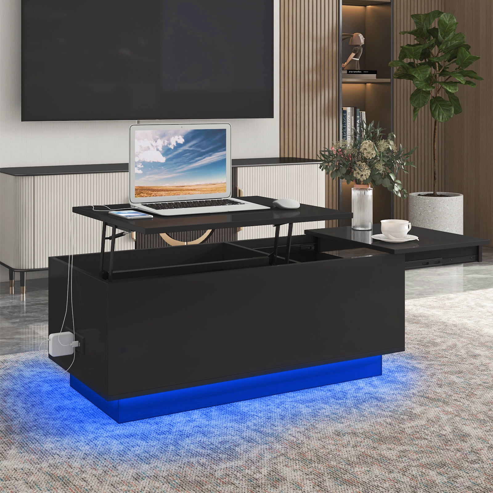 LED Coffee Table with Lift Top & Charging Station Small Dining Table with Hidden Compartment for Living Room - Image 5