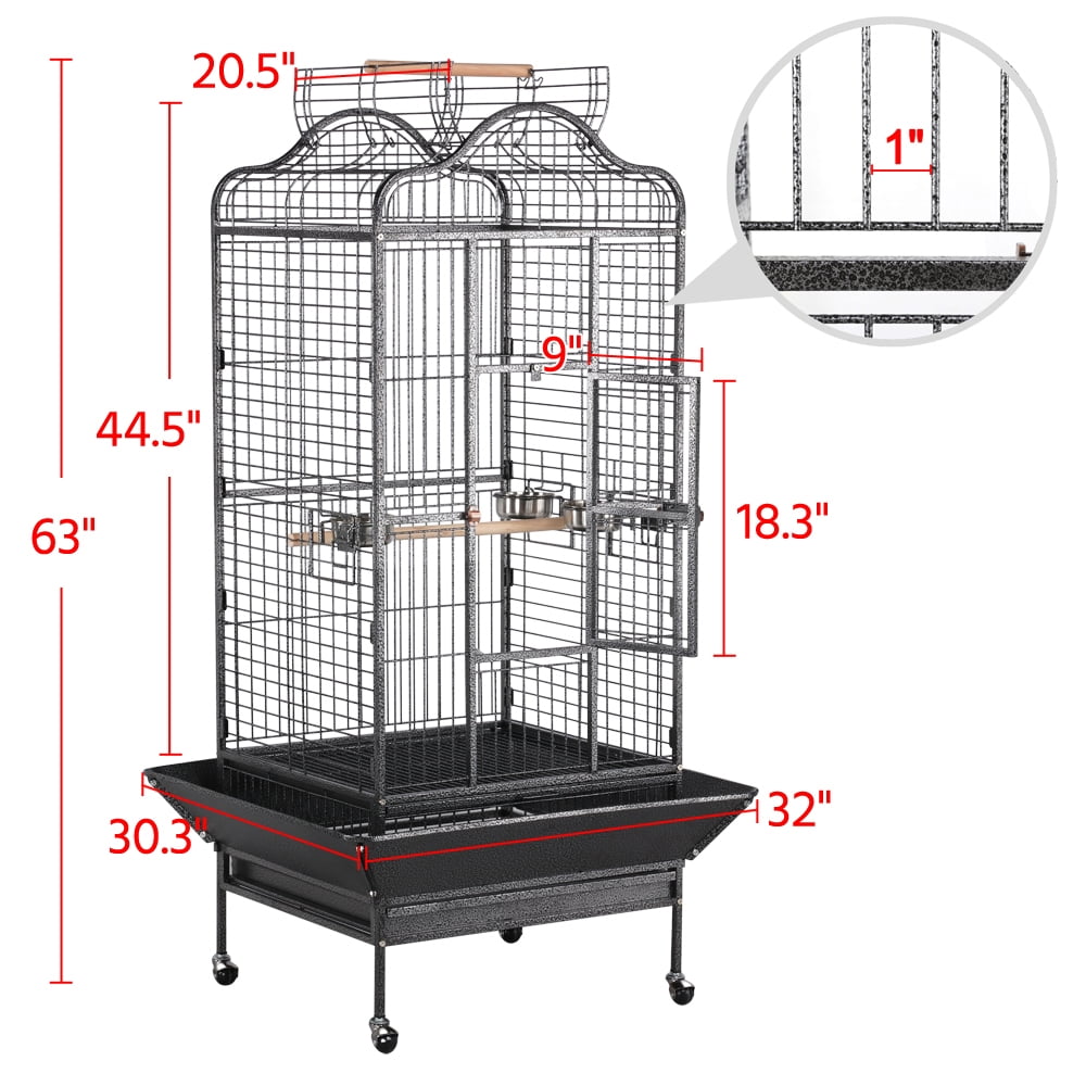 Alden Design 63" Large Parrot Cage with Open Playtop Metal Rolling Bird Cage for African Grey Parakeets, Cockatiels, Black - Image 4