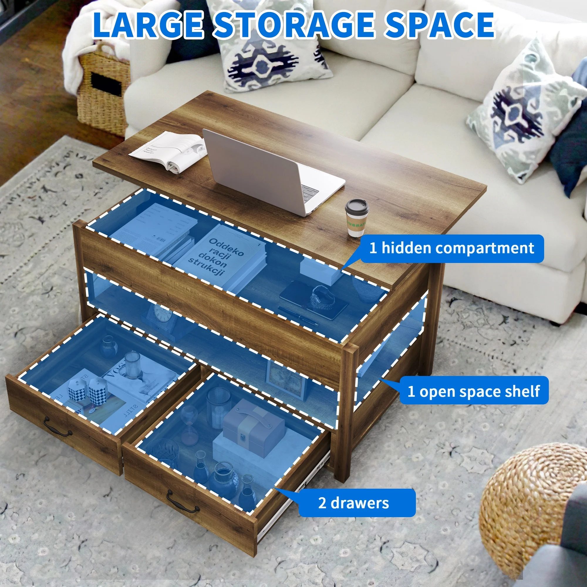 Dextrus Wood Lift Top Coffee Tables with 2 Storage Drawers for Living Room Office, Rustic Brown - Image 3