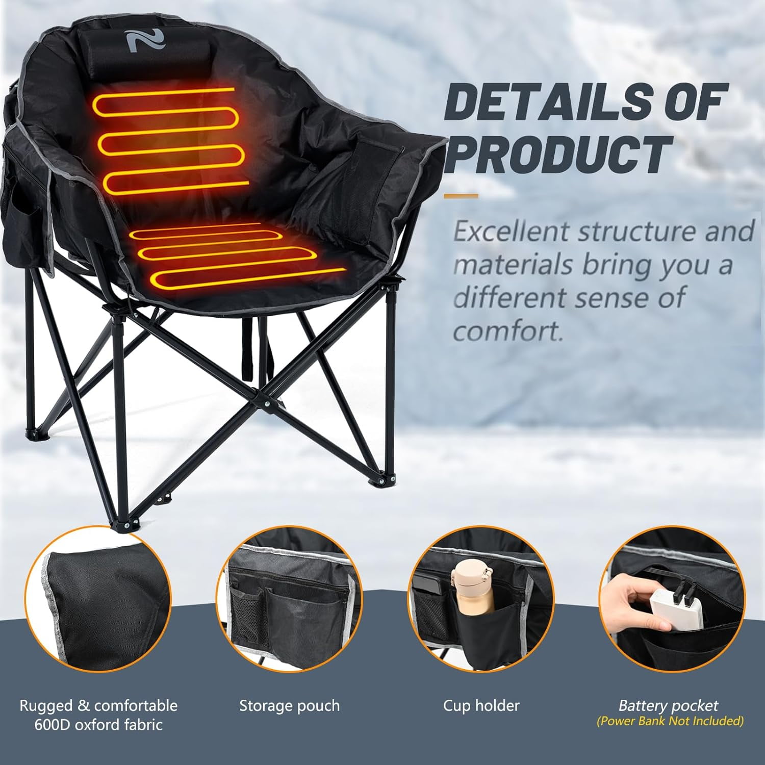 ABORON Oversized Heated Camping Chair with Pillow, Outdoor Portable Heated Folding Chairs, Patio Lounge Chairs with 3 Heat Levels, Heating Chair for Outdoor Sports, Camping - Image 8