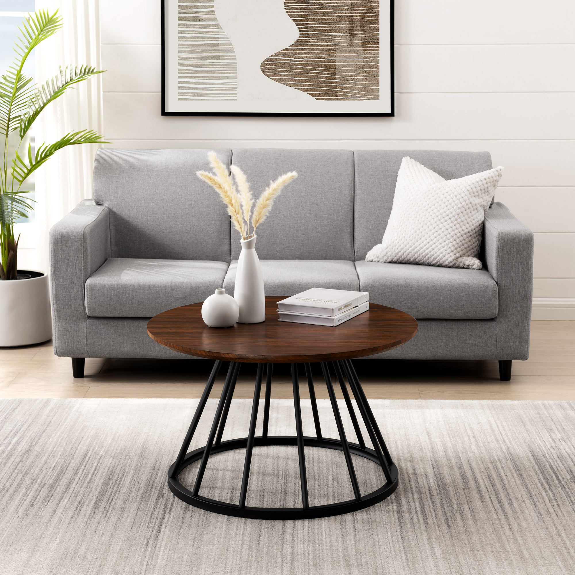 Walker Edison Modern 30" Coffee Table with Metal Cage Base, Dark Walnut - Image 9