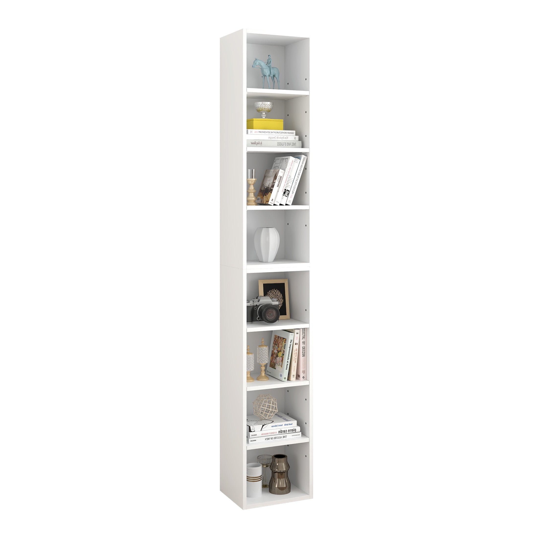 PORKISS 8-Tier White Bookshelf, Wood Open Display Bookshelf with Adjustable Shelves, Tall Narrow Bookcase with Slim Storage, Modern Book Display Shelf Media Tower Rack for Living Room, Home Office - Image 2