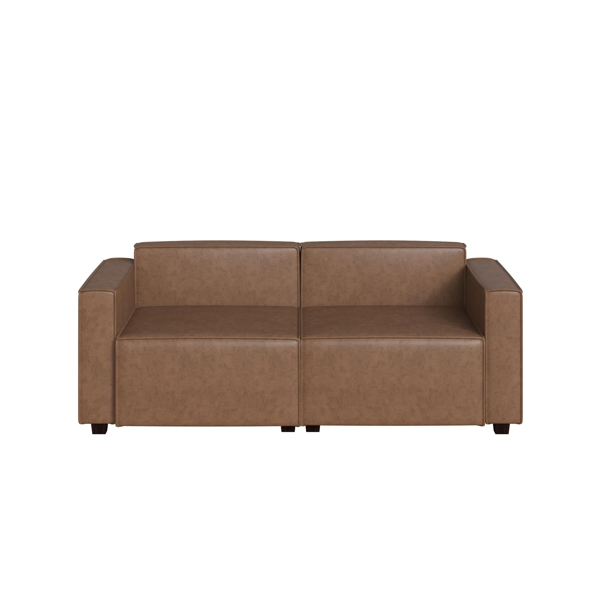 Mainstays Wynnewood 75" Low Profile Faux Leather Sofa Couch with 2 Throw Cushions, Brown - Image 3