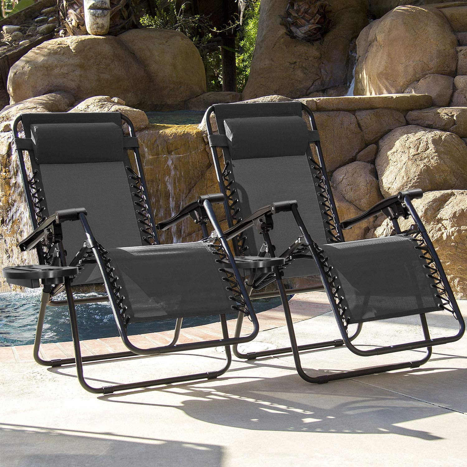 Inolait Black Outdoor Zero Gravity Reclining Lounge Chairs (Set of 2) - Patio Seating with Cup Holders & Ergonomic Support - Image 4