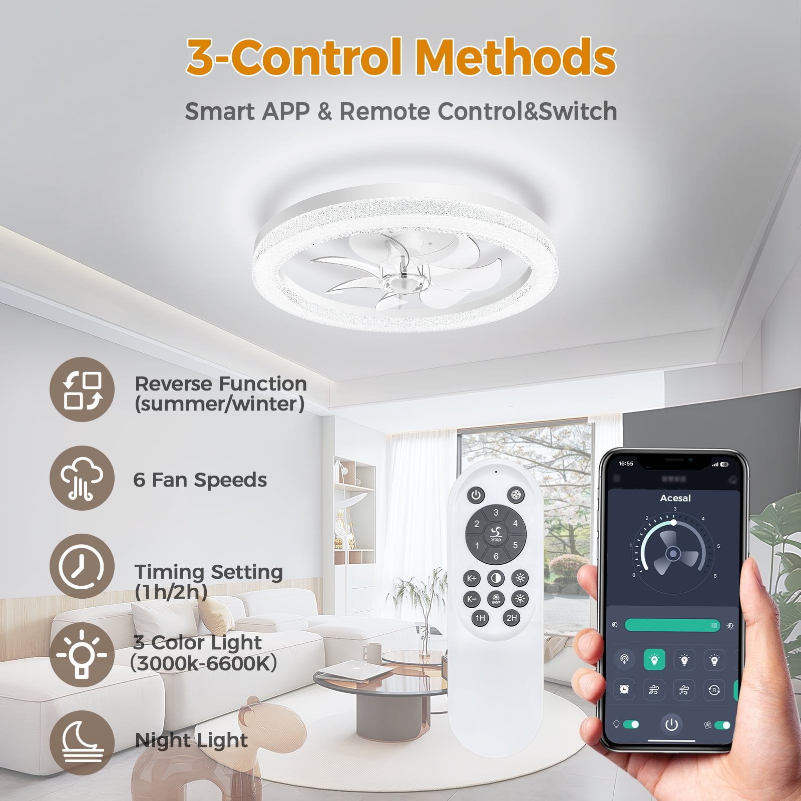 XAUJIX 20.5" Ceiling Fan with Light and Remote&APP -6 Wind Speeds, Modern Dimmable LED Ceiling Fan, Smart Ceiling Fan for Bedroom, Kids Room-White - Image 3