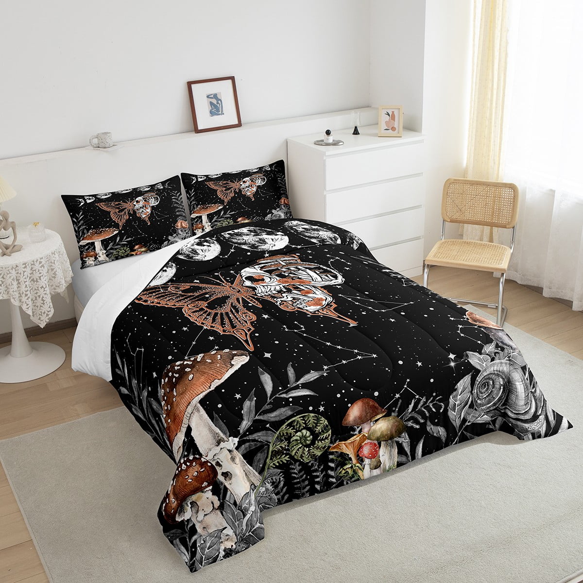 Moth Skull Decor Bedding Sun and Moon Skeleton Bones Bedding Comforter Sets Boho Mushroom Fungus Gothic Butterfly Comforter Set Halloween Witchy Moon Night Hippie Duvet Insert, Queen - Image 5