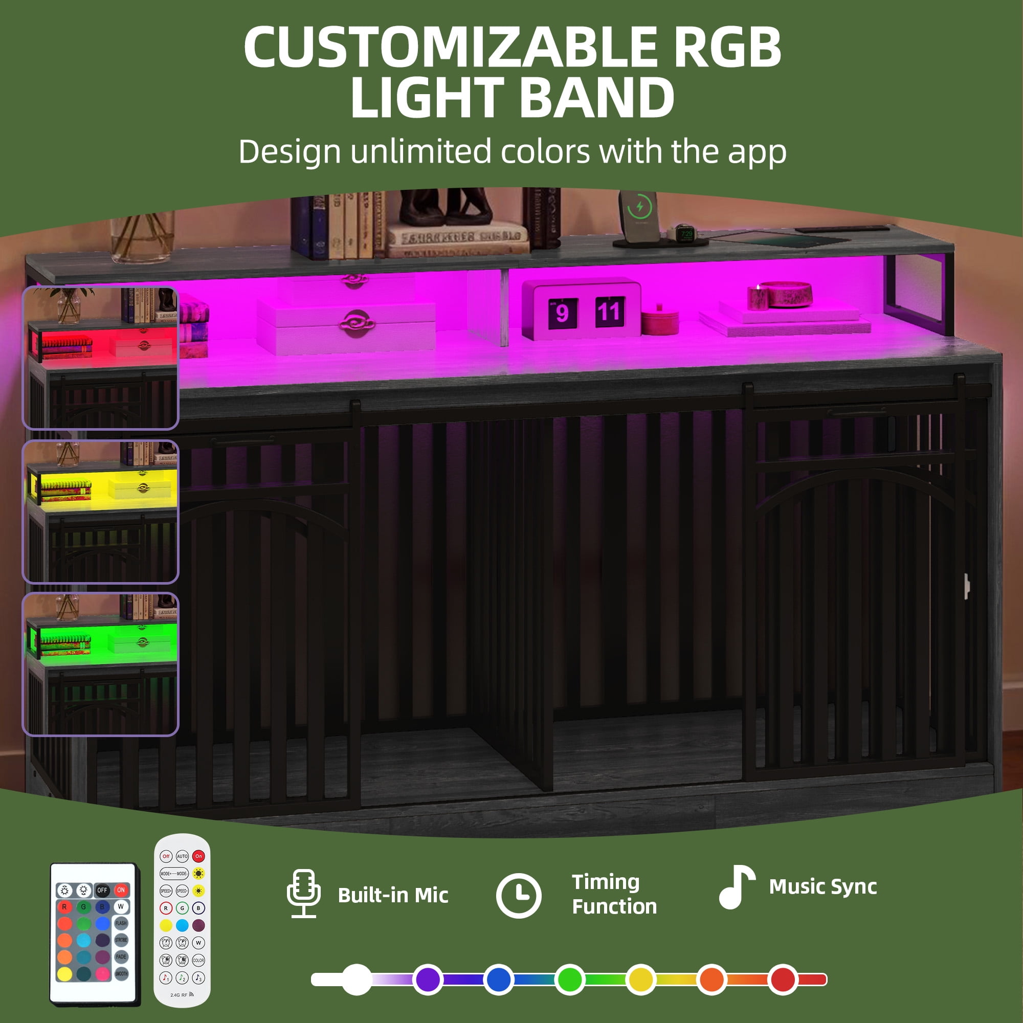 Uforic XL Heavy Duty Dog Crate Furniture with LED Lighting and Power Outlets, 70" TV Stand Large Metal Dog Kennel - Gray Oak - Image 4