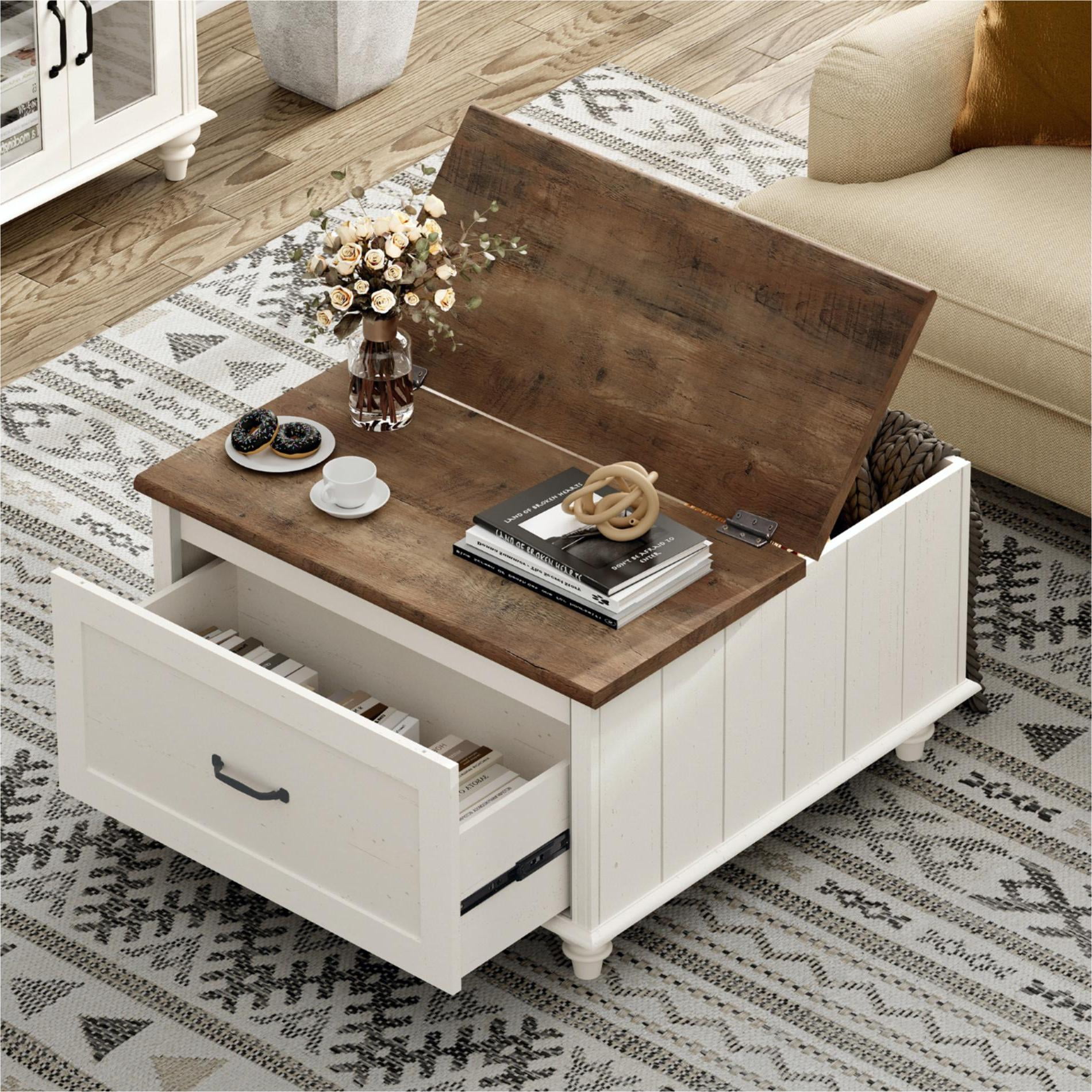 White Coffee Table with Lift Top, Square Wood Accent Tea Center Table for Living Room, White & Oak, 30 Inch - Image 5