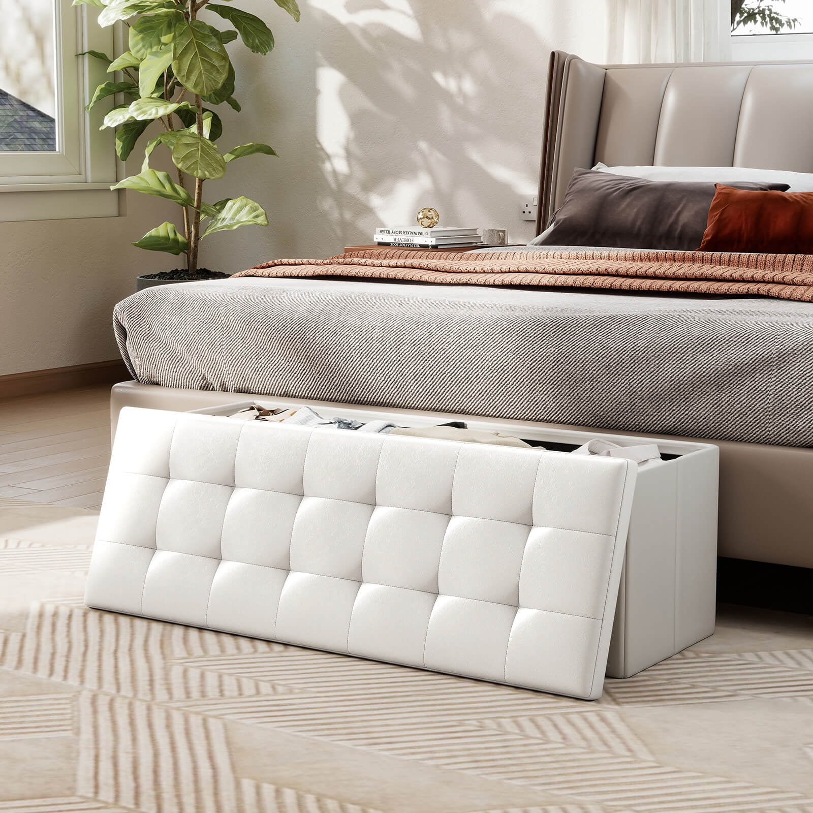 Costway 43 Inches Folding Storage Ottoman Bench Foot Rest Stool with Side Pocket White - Image 4