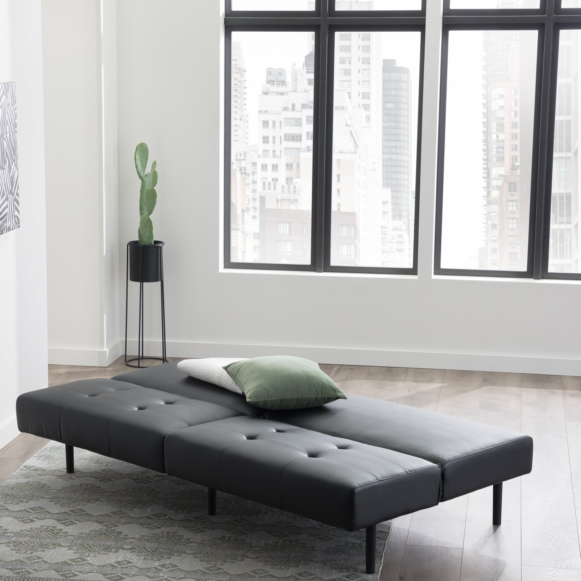 Mayview 68.5" Armless Sofa Bed with Tufting, Black Faux Leather - Image 2